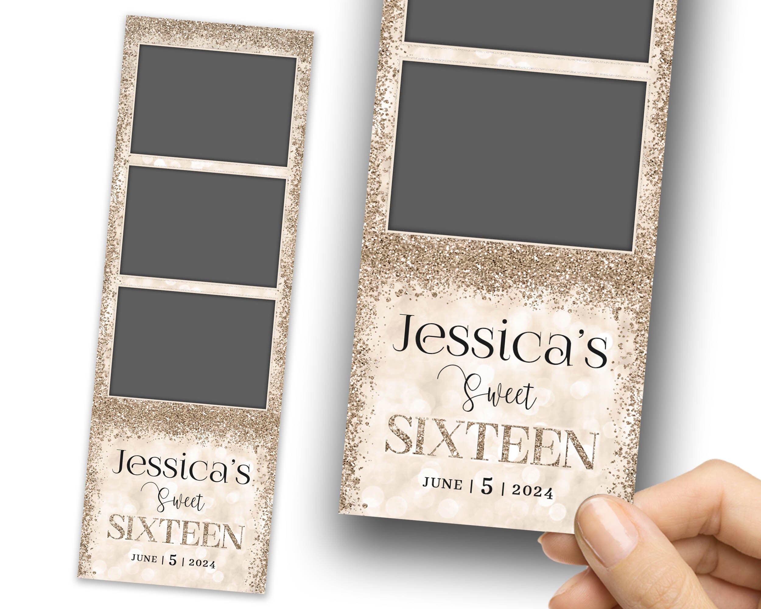 Golden Birthday Sweet 16 Photobooth Template in Golden, Sweet Sixteen, Quinceanera Photo Booth Template, 2x6 Strip Gold Glitter 1099