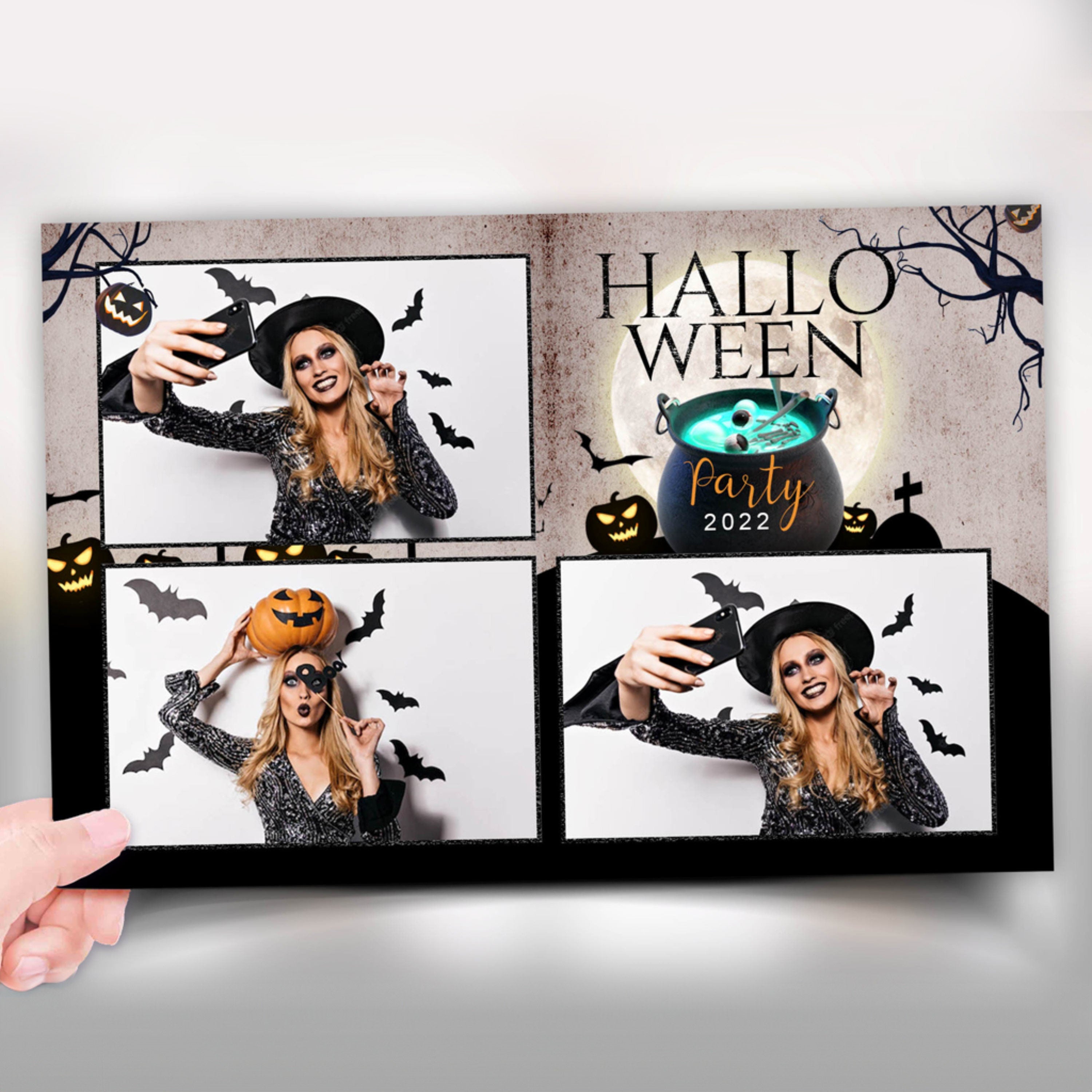Halloween Photobooth Template 4x6 Trick or Treat Party 2024 stylish halloween Photo booth Template postcard 3 shots PSD PNG Font