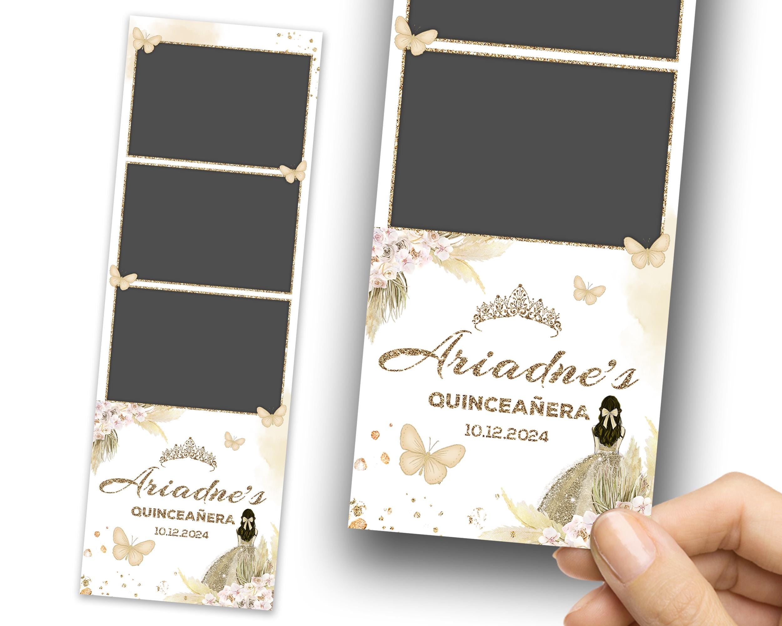 Birthday Sweet Sixteen Photobooth Template in gold Sweet 16, Quinceanera Photo Booth 2x6 strip 3 photo layout Mis Quince XV Birthday 1357