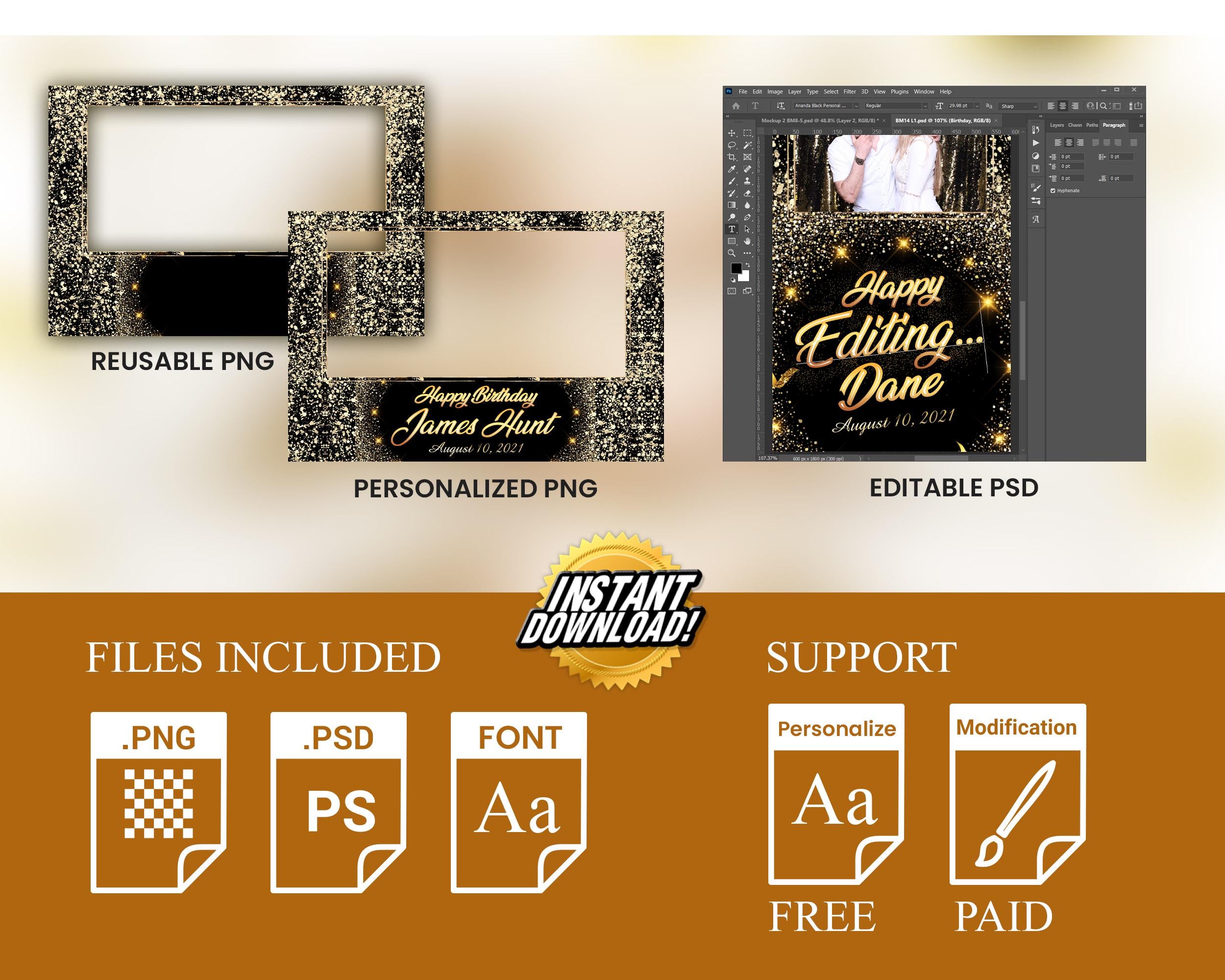 Gold Glitter Birthday Photobooth Template Black Gold Glitter Sparkles gold dust bday photo booth template single photo BM14/667