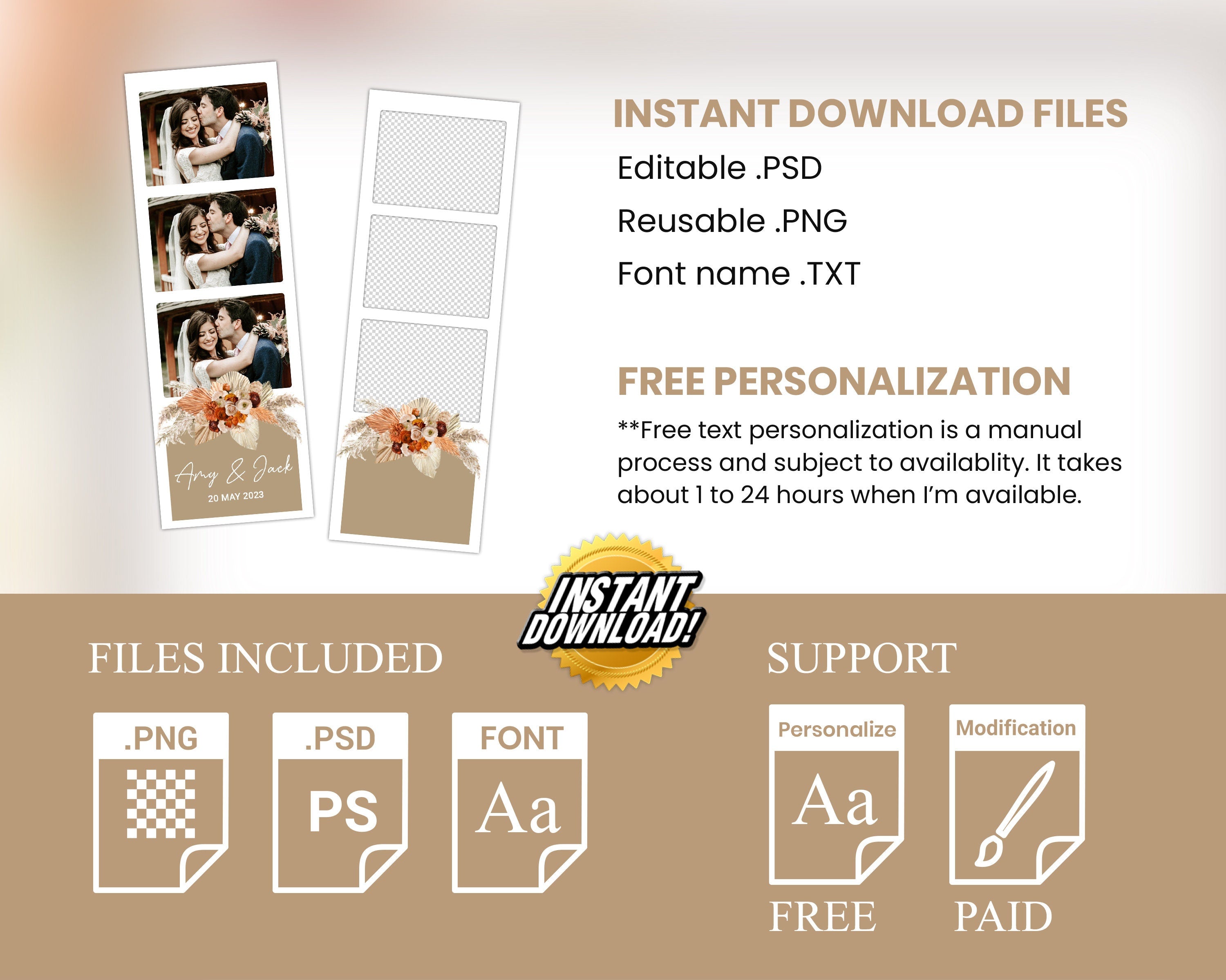 Boho Wedding Sweet 16 Birthday Photo Booth Template 2x6 Stripe gold white floral Photobooth