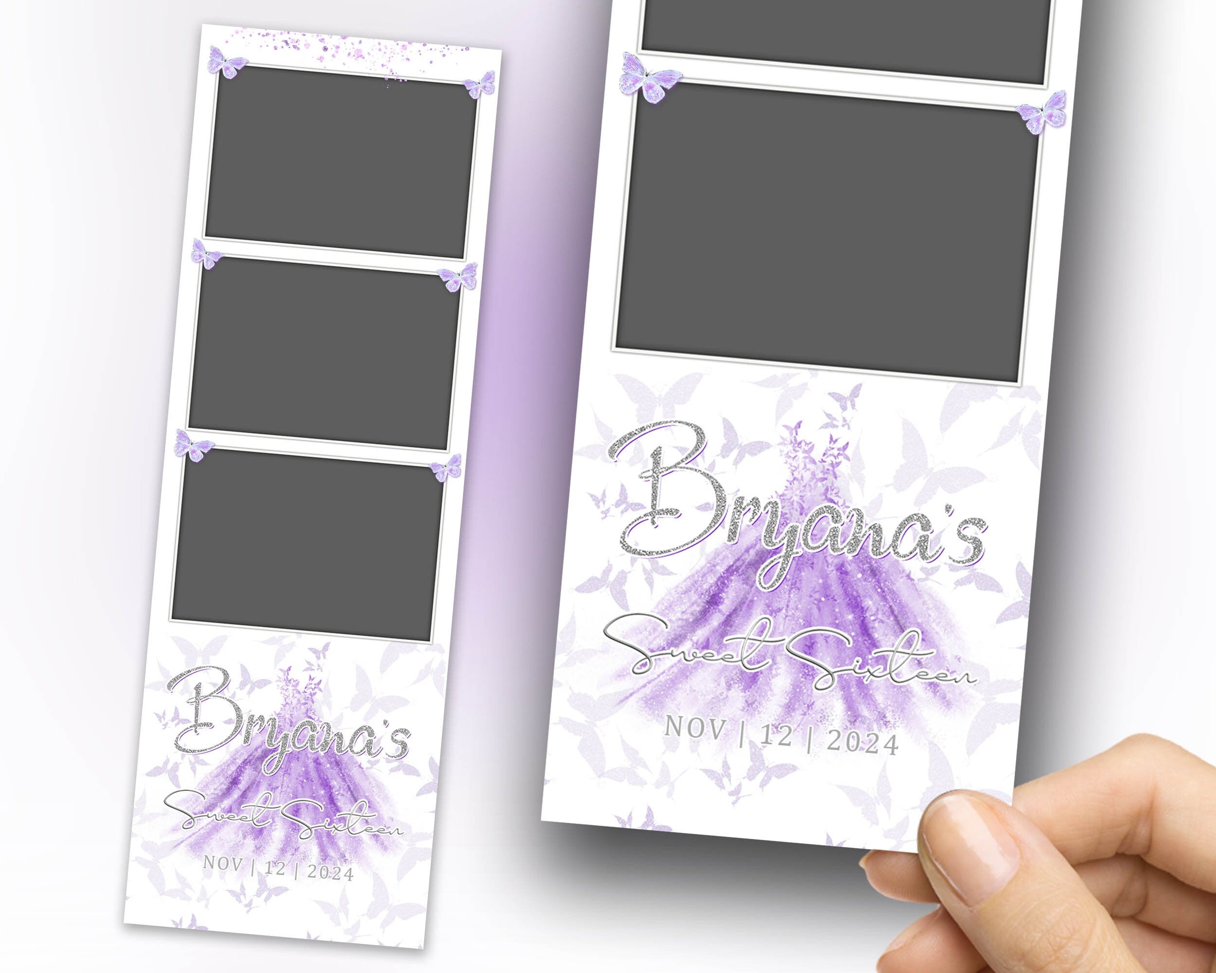 Butterfly Quinceanera Sweet 16 Birthday Purple Floral Photo Booth Template Flower Greenery Gold Wedding Anniversary Bridal Shower Editable