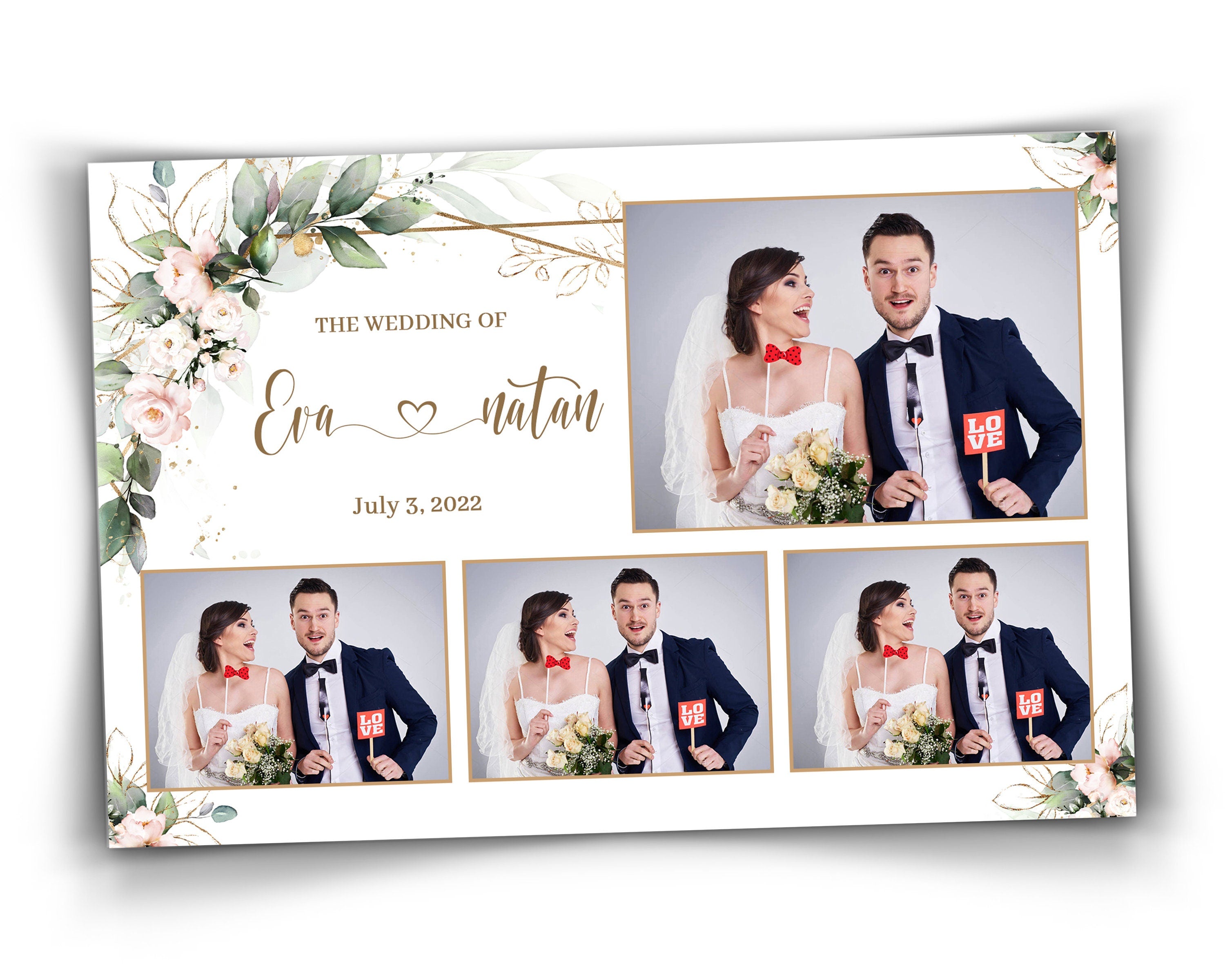 Wedding Photobooth template 4x6 with Floral blush pink flowers and greenery with gold lines postcard Anniversary photo booth template TB683