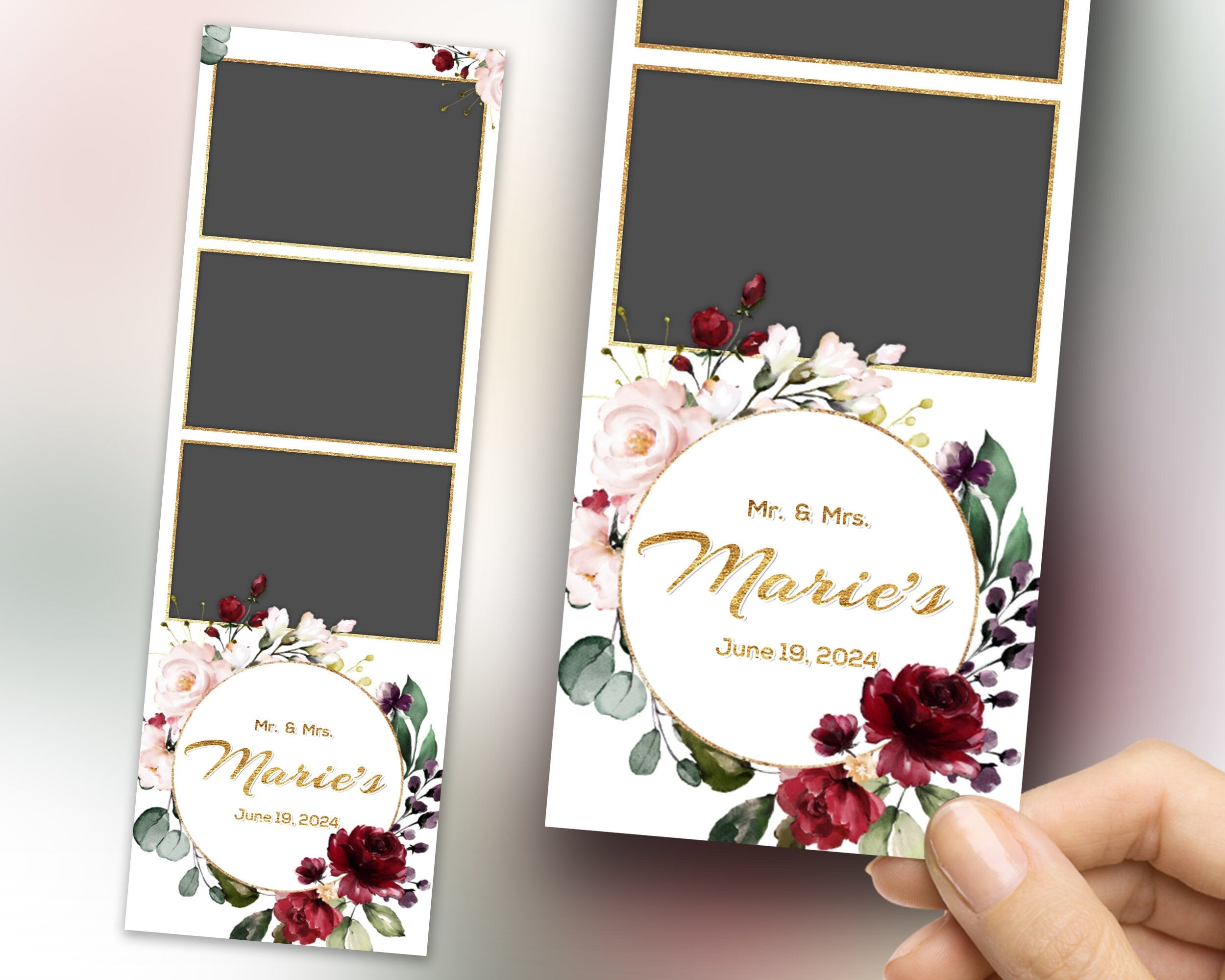 Wedding Photobooth Template, Anniversary Photo booth Template, Burgundy Floral, Bridal Shower, 2x6 Stripe, Burgundy Flowers 629