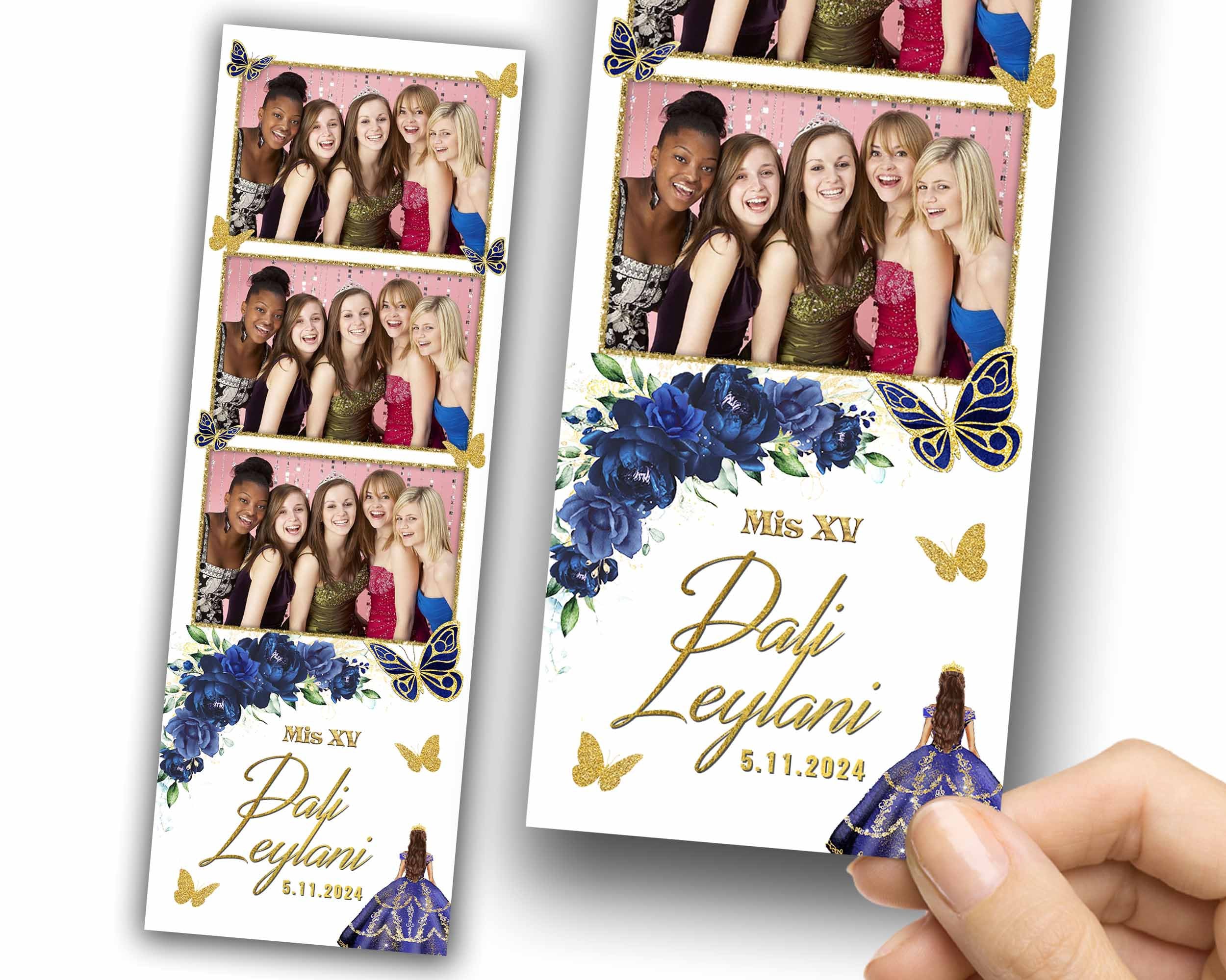 Quinceañera, Sweet 16, Mis XV, Floral Butterfly, Birthday, Sweet Sixteen, Photobooth Template, Blue Gold Flowers, Quinceanera Photo Booth