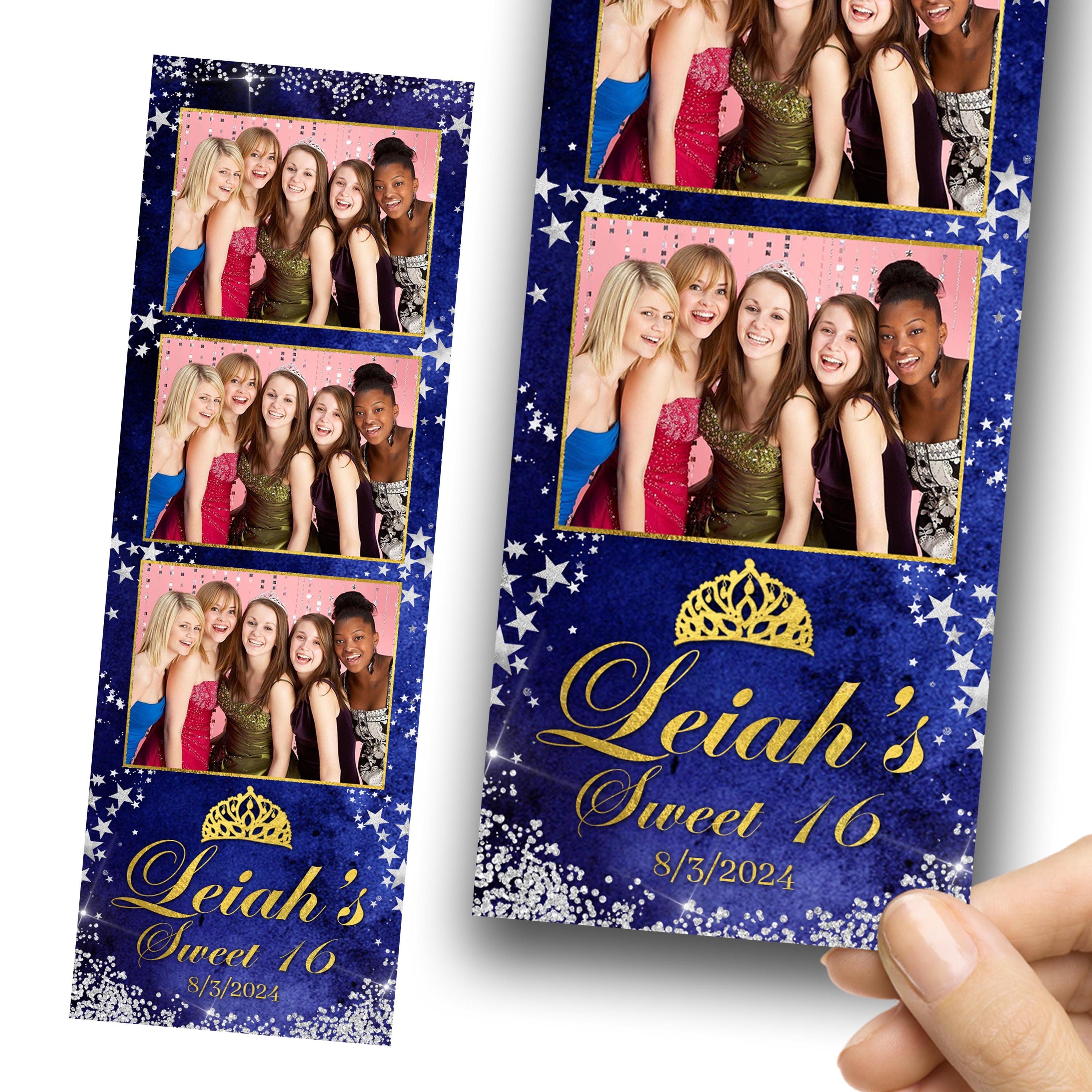 Sweet 16 Quinceañera Birthday Photobooth Template 2x6 strip Blue Silver Gold color Glitter with Crown Mis Quince