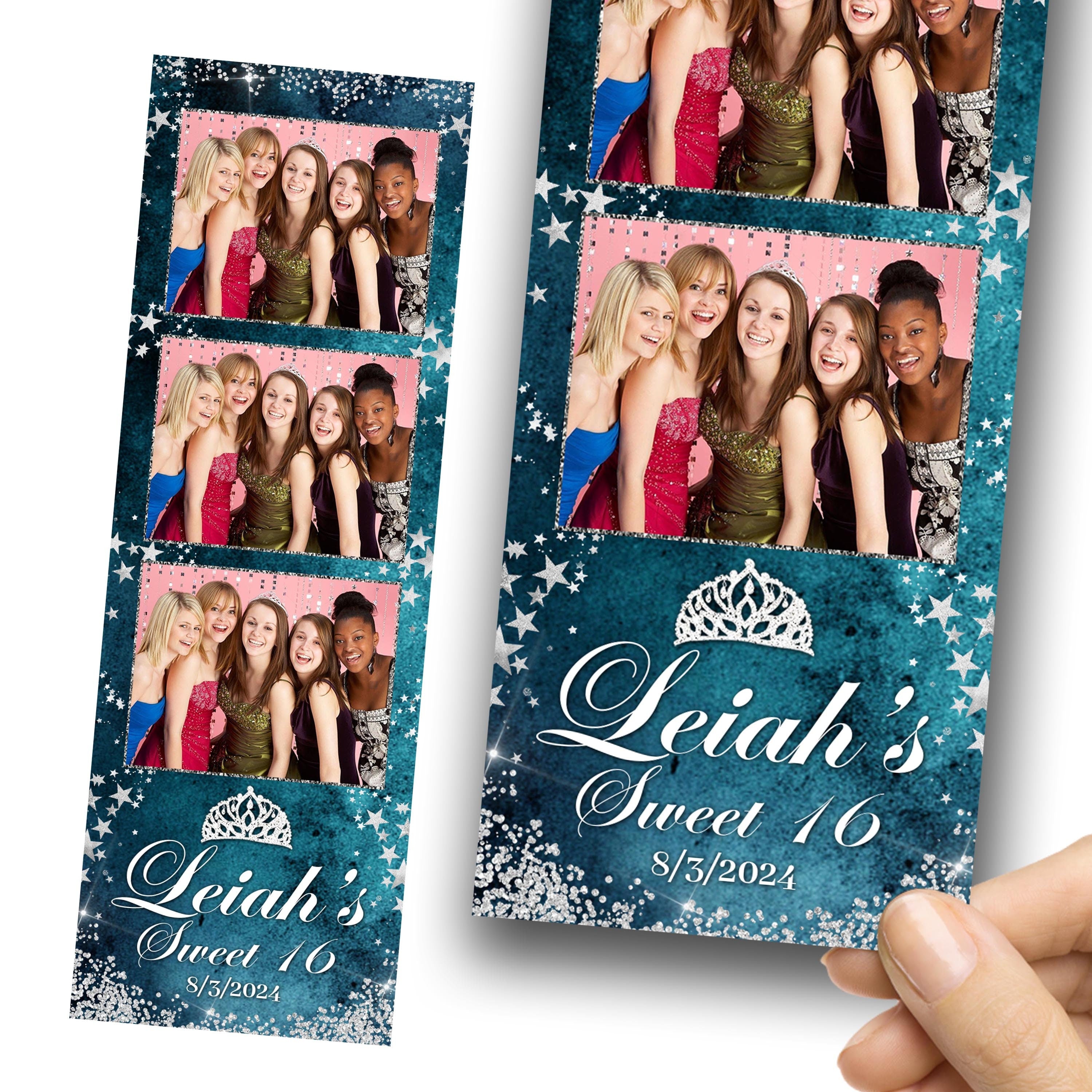 Sweet 16 Quinceañera Birthday Photobooth Template 2x6 strip Teal Color Silver Stars Glitter with Crown Mis Quince