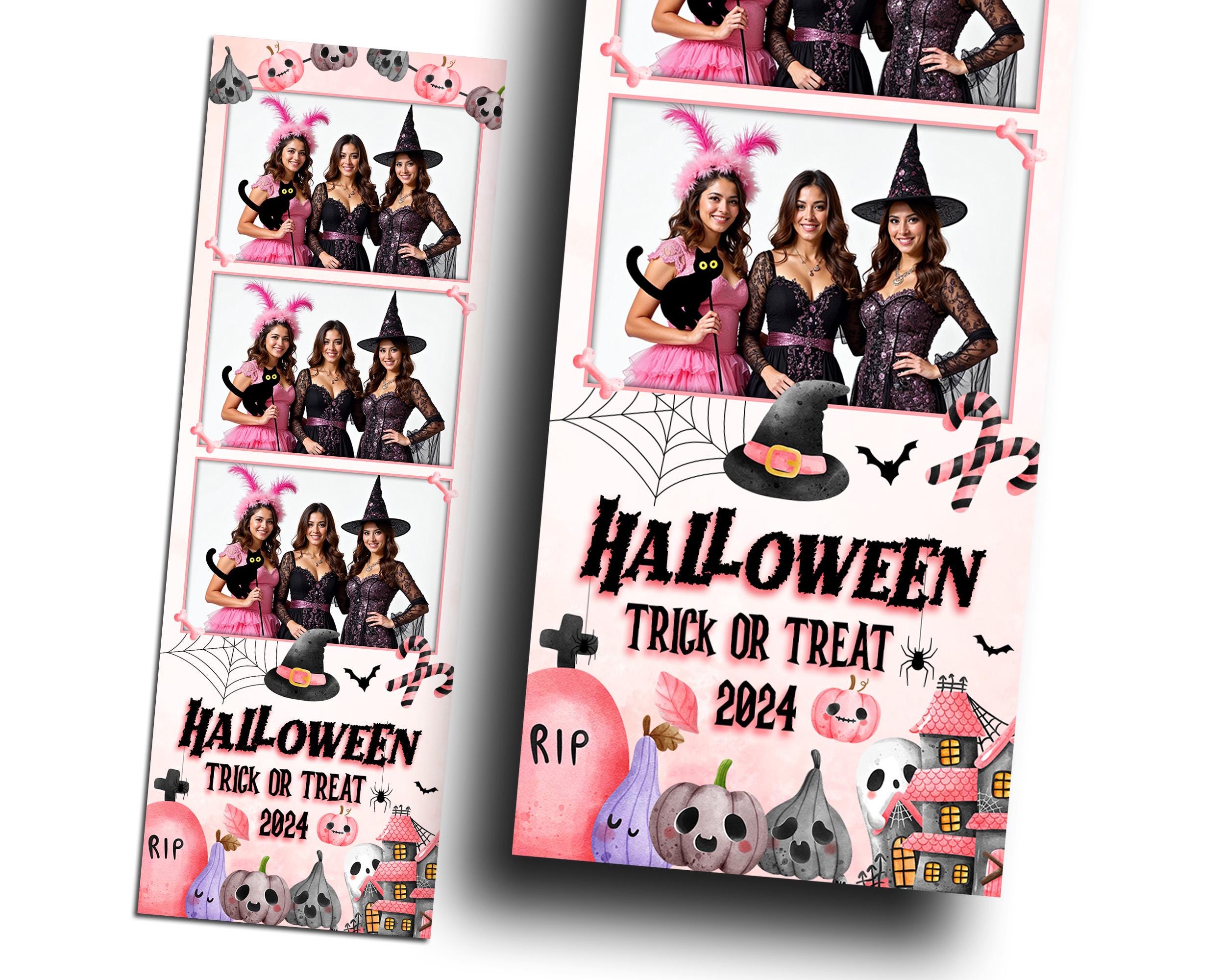 Pink Halloween Photobooth template 2x6 Strip 3 photo pink and black Trick or Treat photo booth template with scary night elements HP1