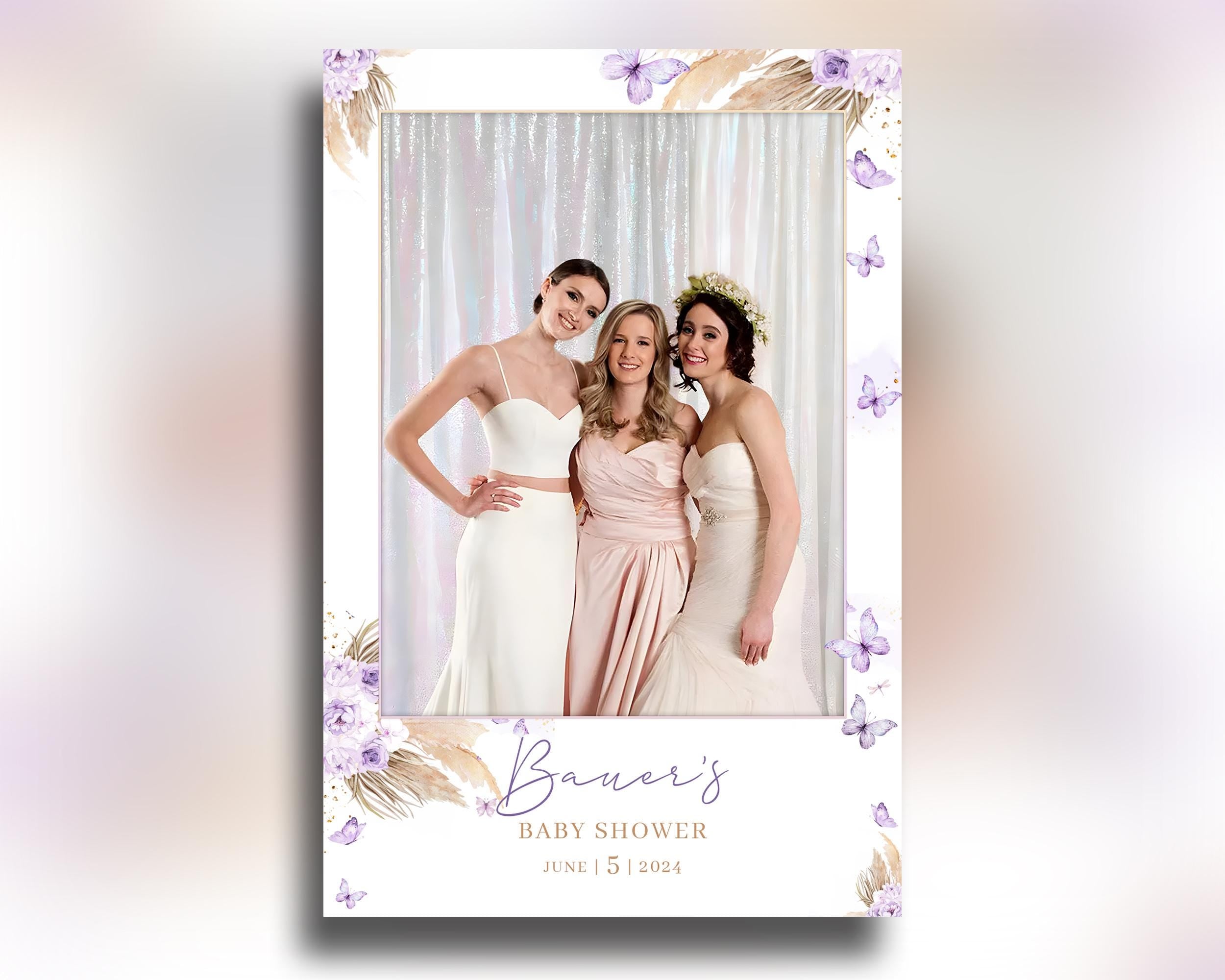 Baby Shower Photobooth Template, 4x6 Portrait Single Sweet 16 Purple Butterfly Boho Mirror Booth Template, Quinceanera Birthday Wedding 1098