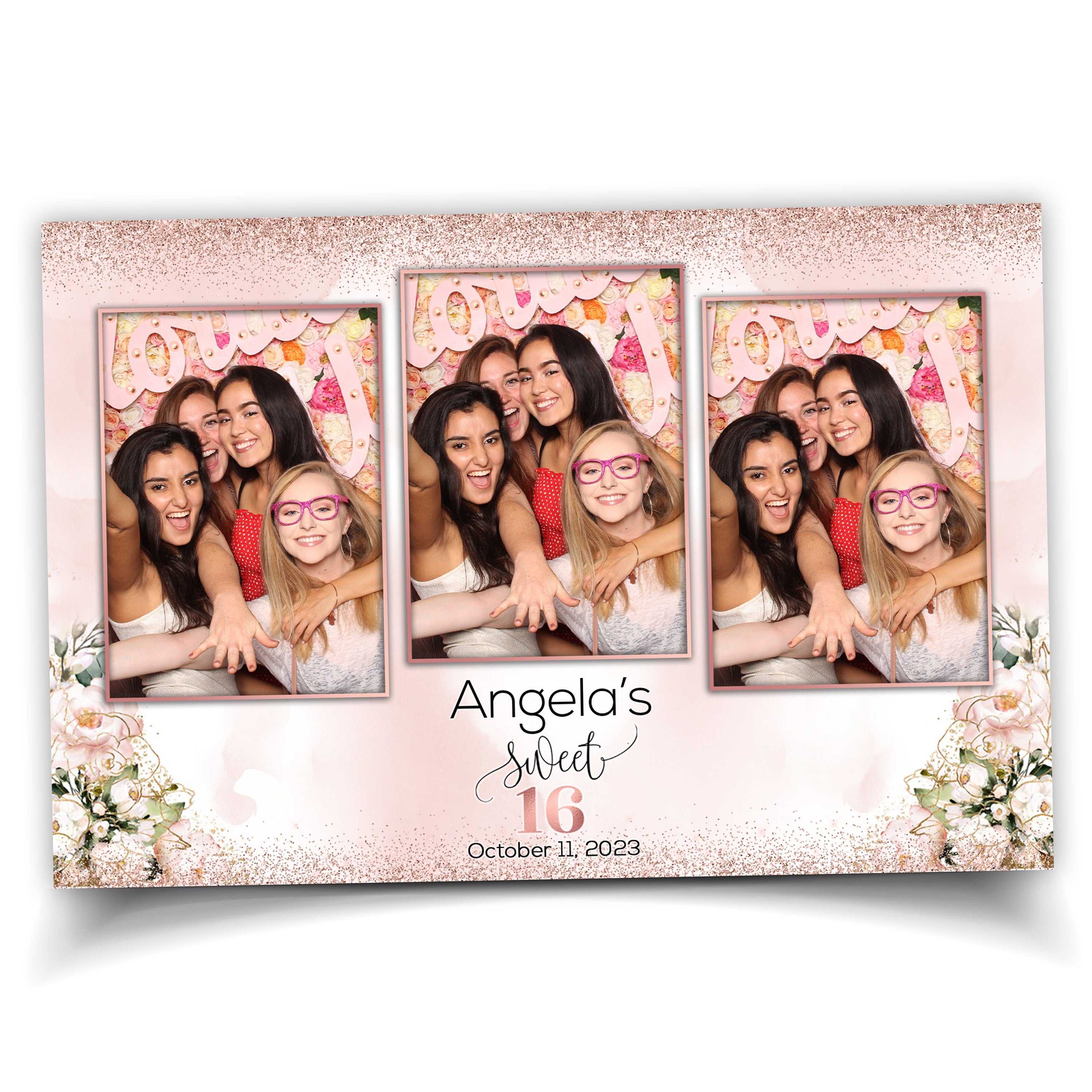 Birthday Sweet 16 Photobooth Template, Mis Quince XV Pink and Rose Gold Quinceanera Photo Booth Overlay Editable