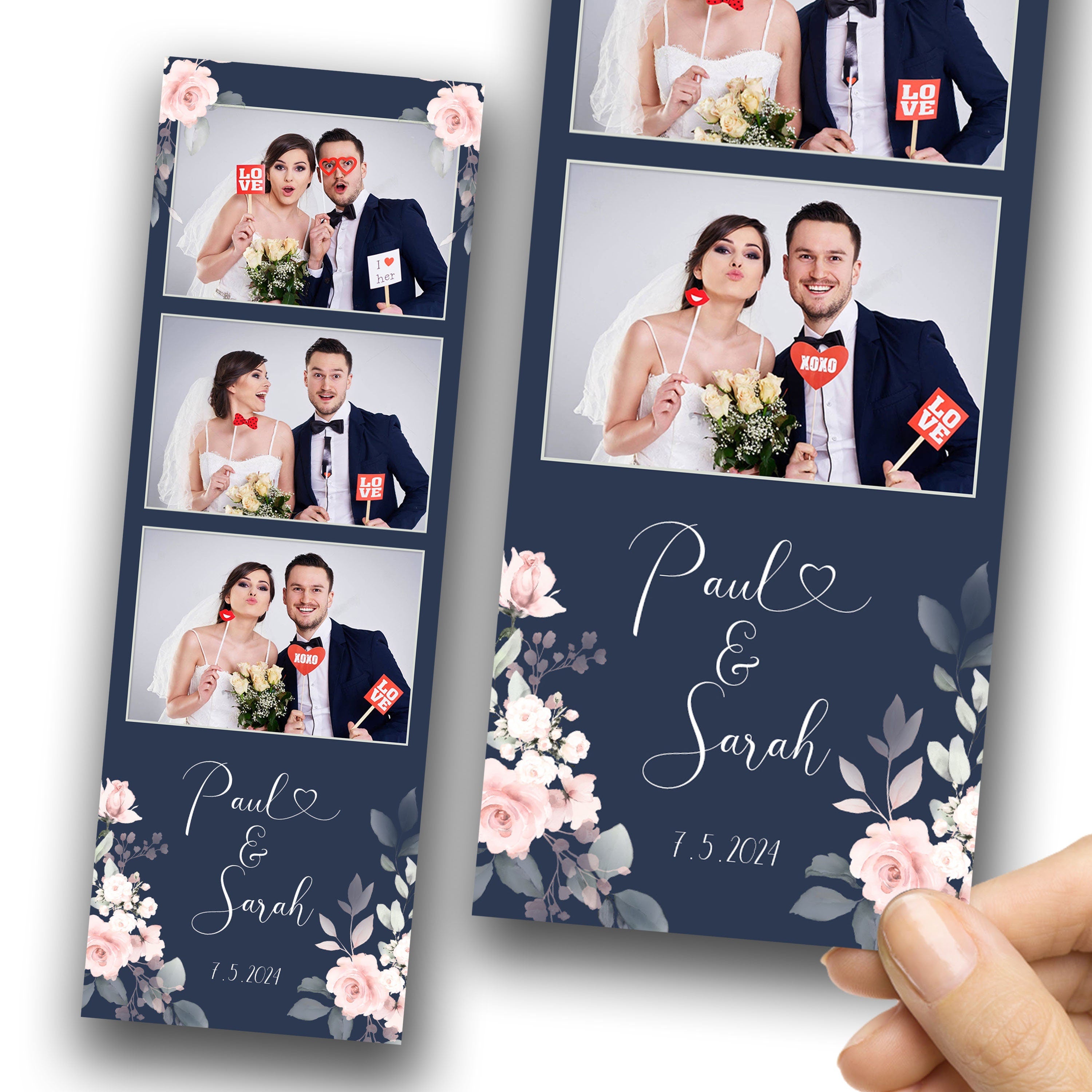 Pale Rose Floral Blue wedding floral photobooth template, Anniversary floral blush greenery and flowers text editable photo booth 1055
