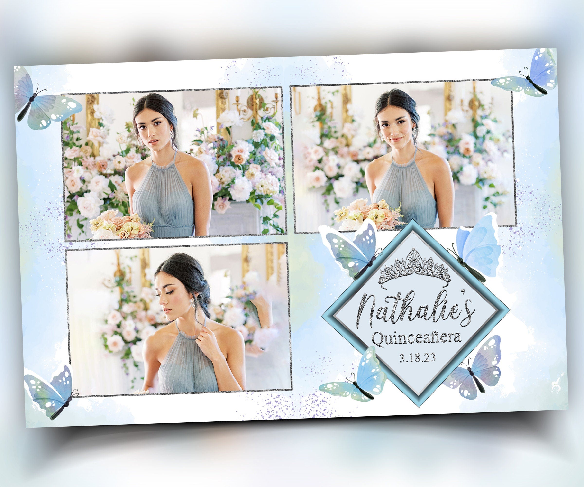 Birthday Baby Blue Butterfly Quinceañera Sweet 16 Photo booth template 4x6 3 photo sweet sixteen birthday blue photobooth template