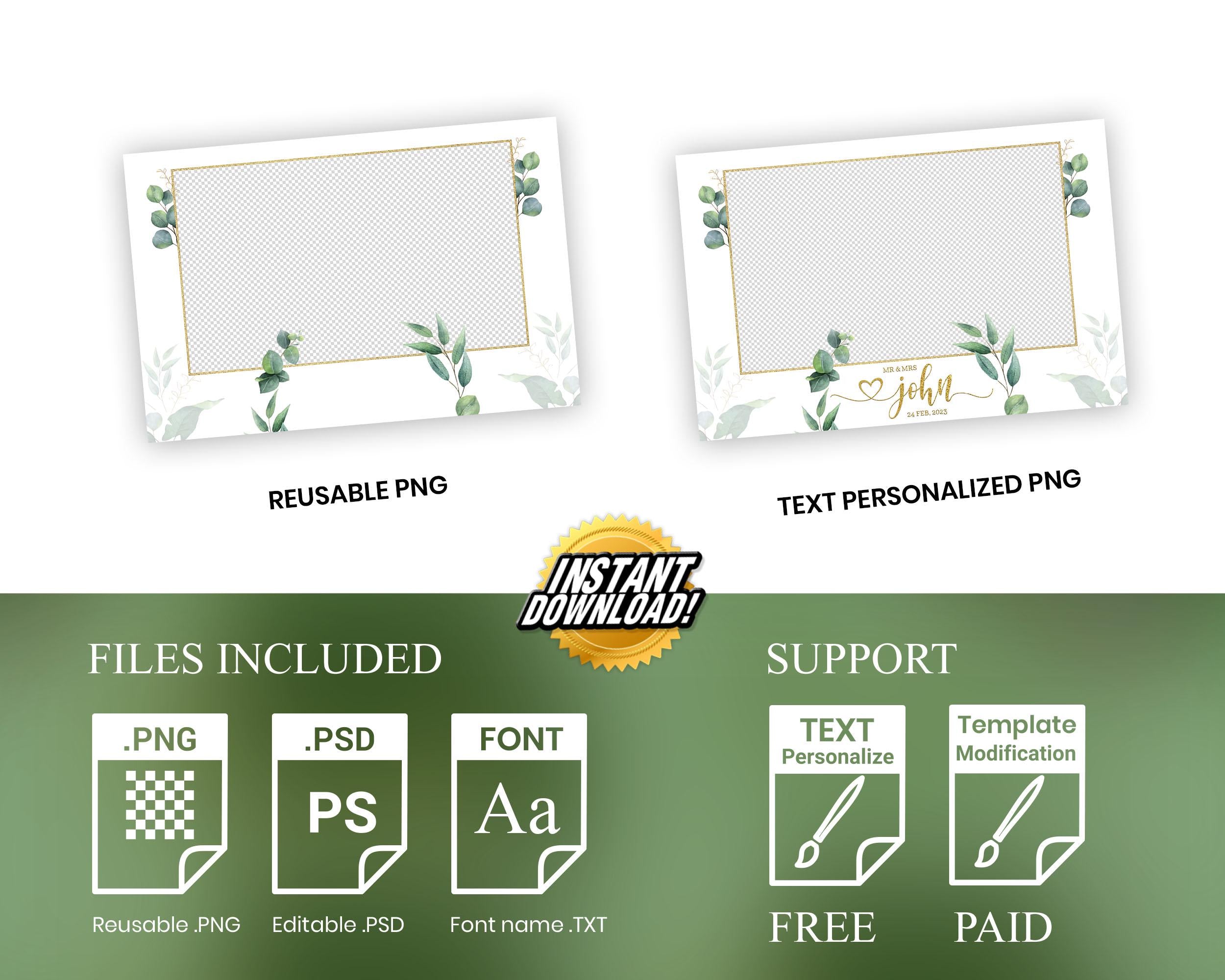 Wedding Photobooth Overlay with greenery eucalyptus wreath leaves elegant minimal greenery photo booth template