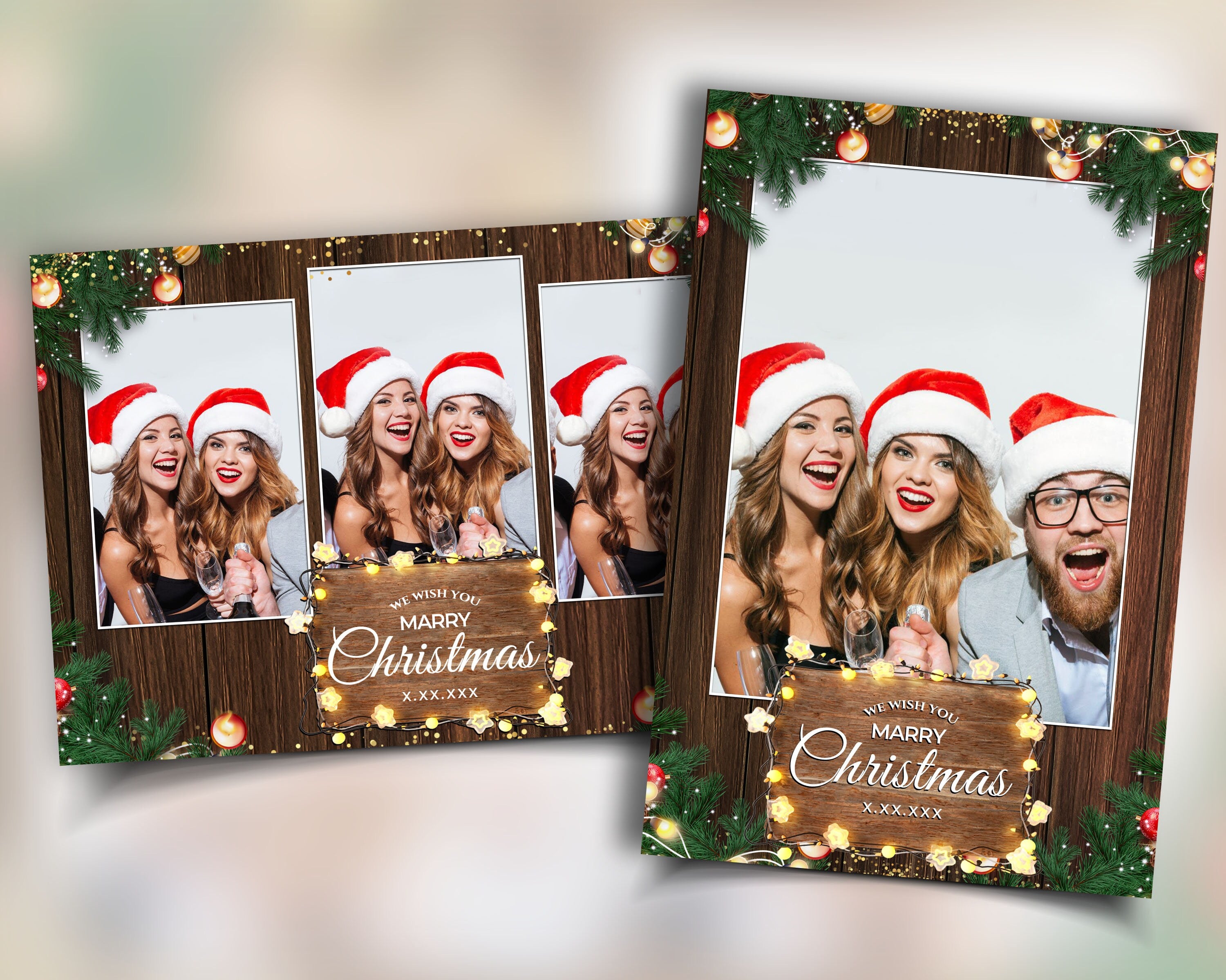 Christmas Photobooth Template for Mirror Booth Set 2024 Happy Holidays New Year Wooden Greenery with Lights Xmas Photo booth Template CM4