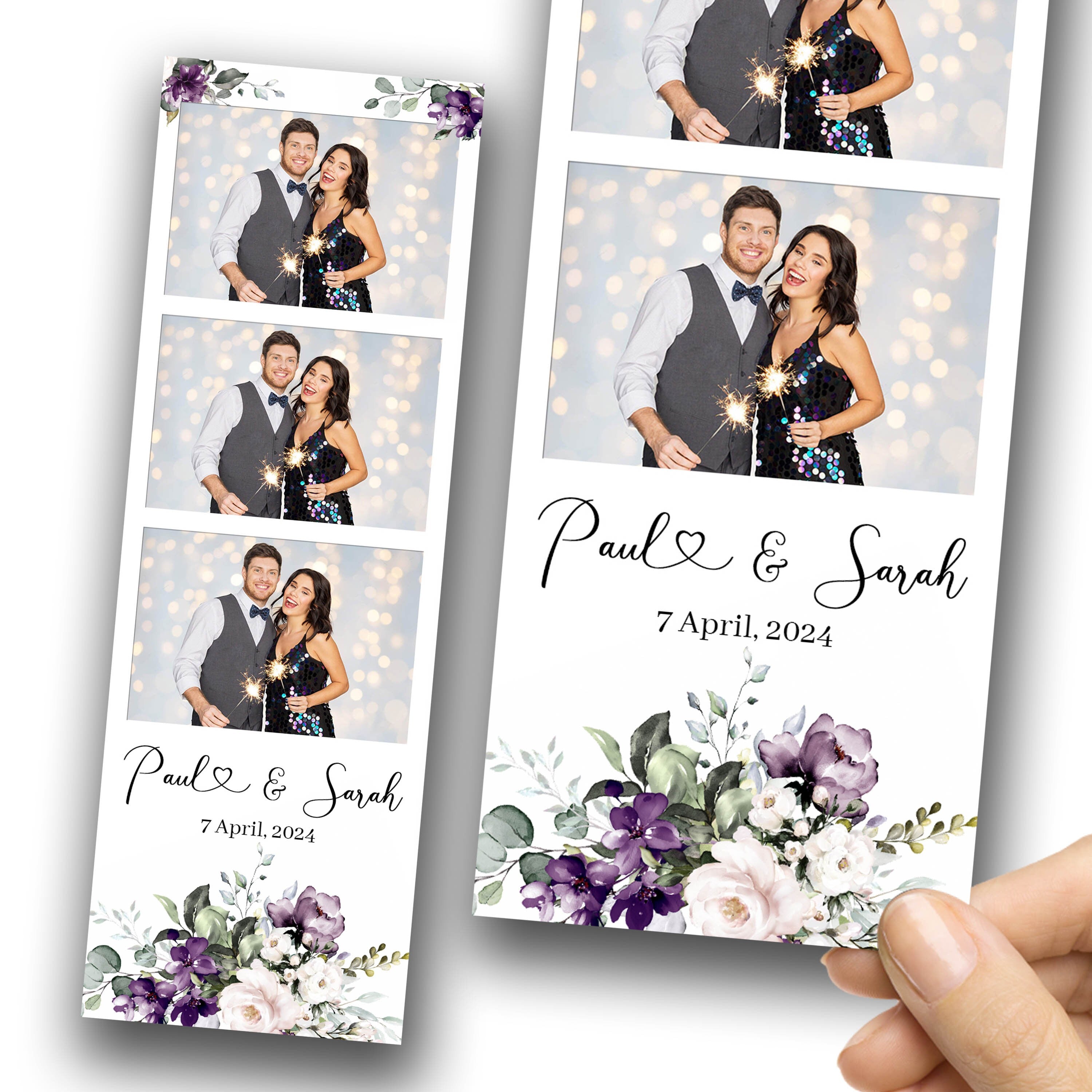 Purple Wedding Anniversary Bridal Shower Photobooth template 2x6 strip with Floral blush flowers rose greenery photo booth template 1058