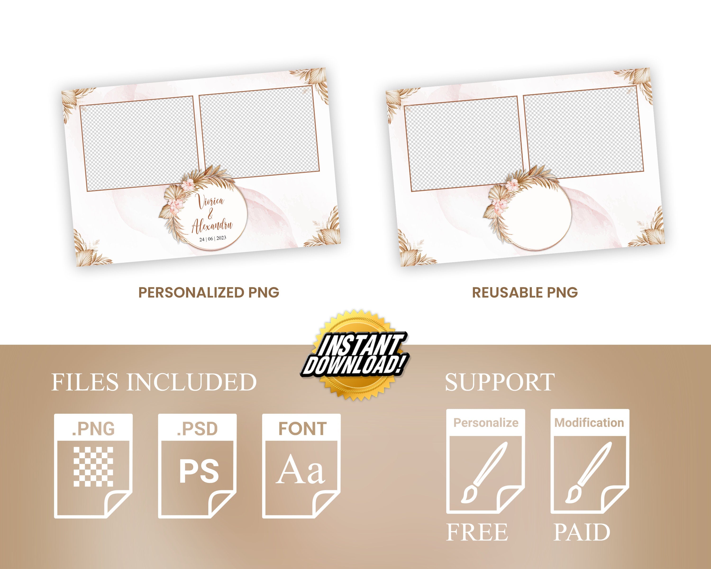 Boho Wedding Photo Booth Template 4x6 Stripe gold floral Photobooth