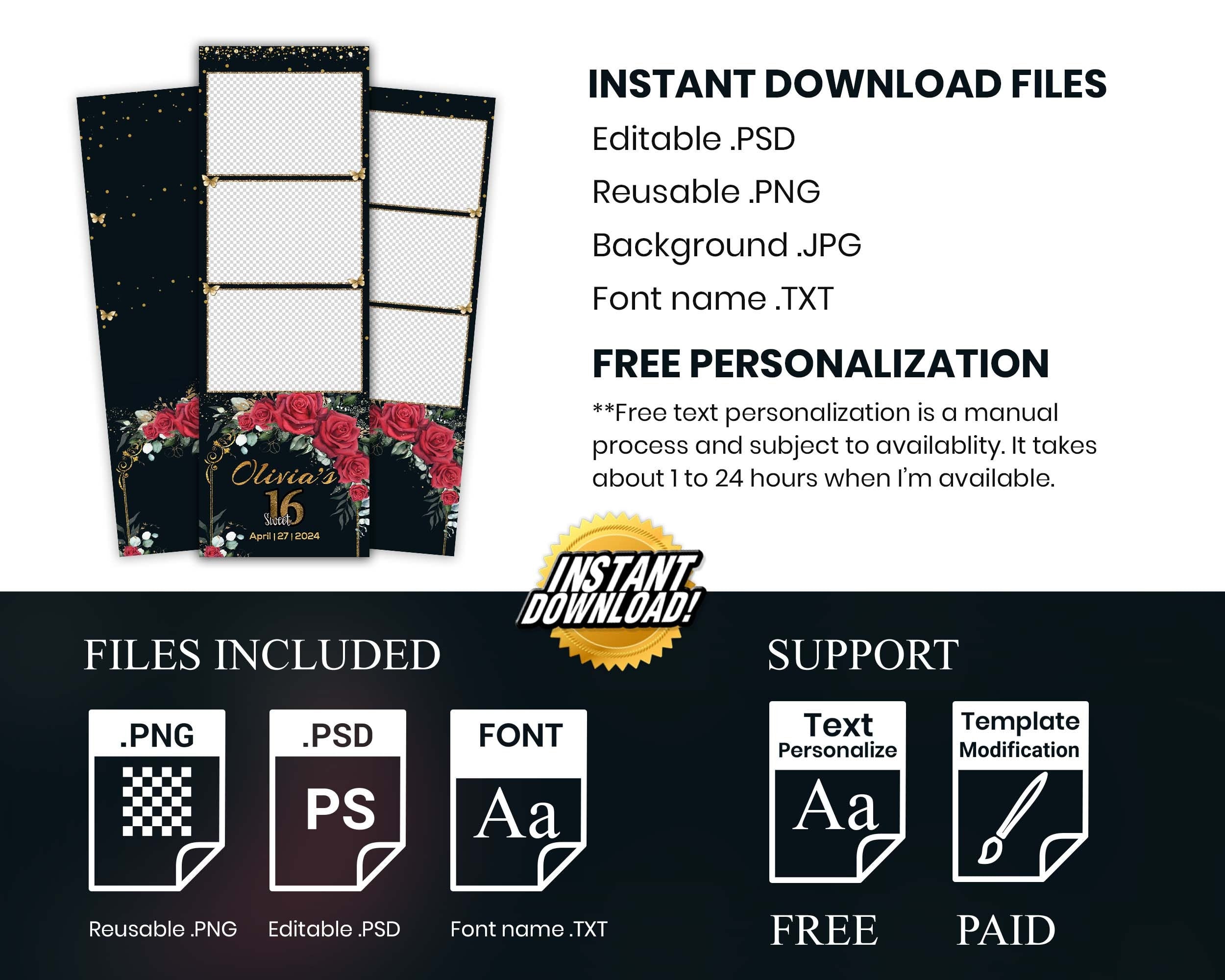 Sweet 16 Photobooth Template, Quinceanera Photo Booth, Birthday Photobooth, Quinceañera, 2x6 Strip, Red Flower, Red Floral, Butterfly 1105