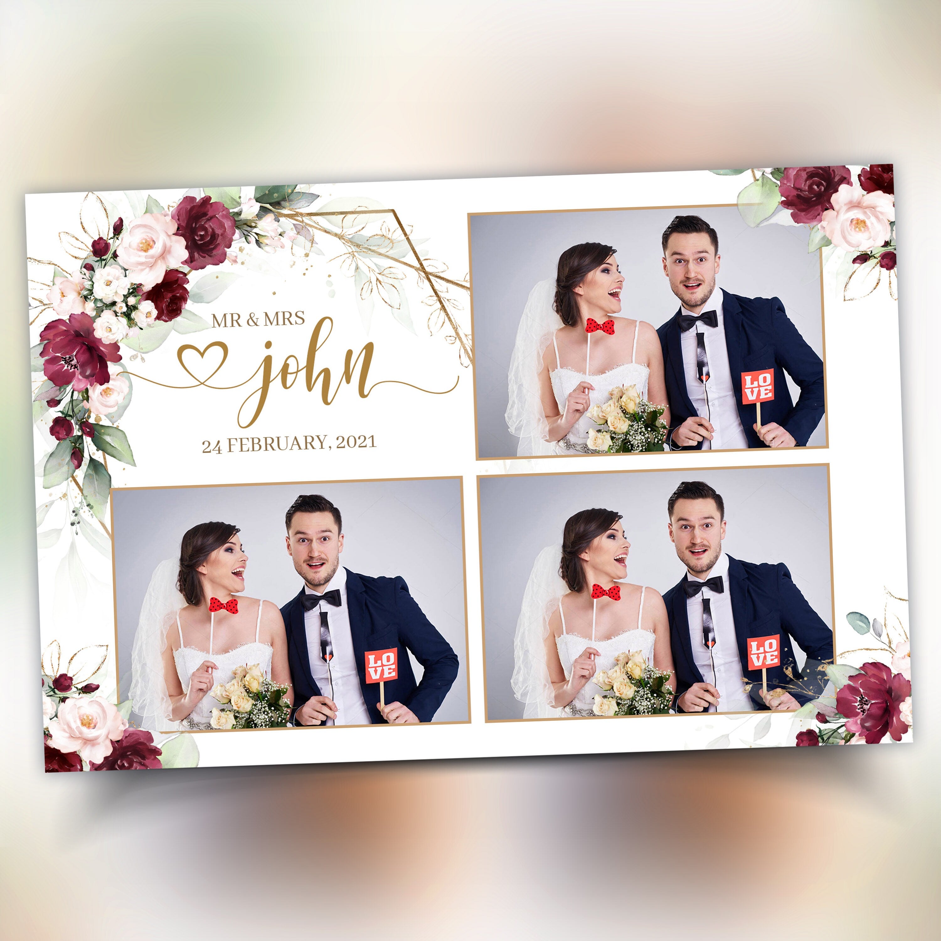 Wedding Photobooth Template, Anniversary Photo Booth, Bridal Shower, Maroon Flower Greenery Burgundy Flowers Overlay Frame 703
