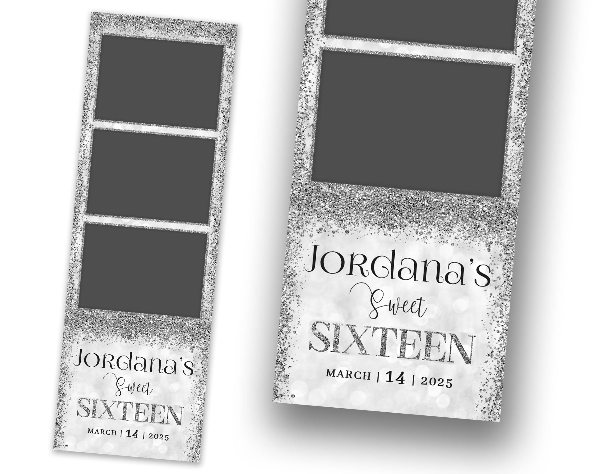 Silver Photo Booth Birthday Sweet 16 Photobooth Template Mis Quince, Quinceanera, XV Overlay 2x6 Strip Sparkle Glitter 1099