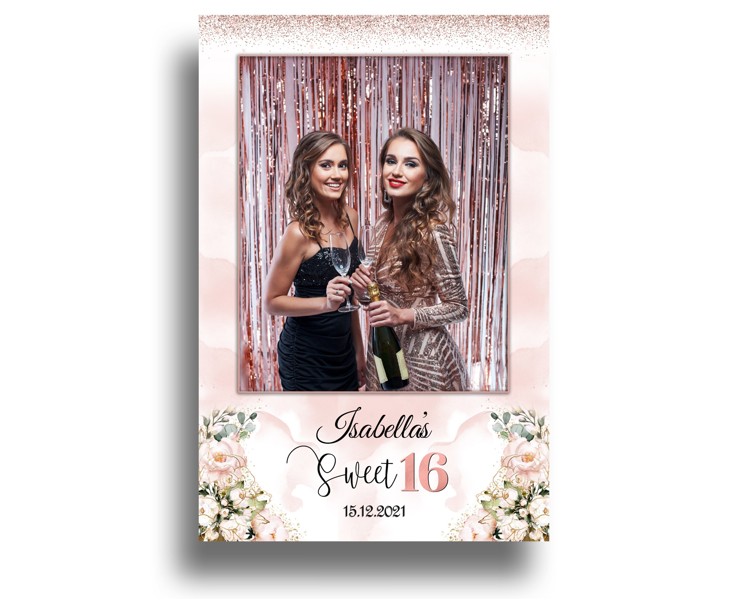 Birthday Sweet Sixteen Photobooth Template in pink rose gold Sweet 16, Quinceanera, Wedding Photo Booth Template 4x6 Single 1 photo layout