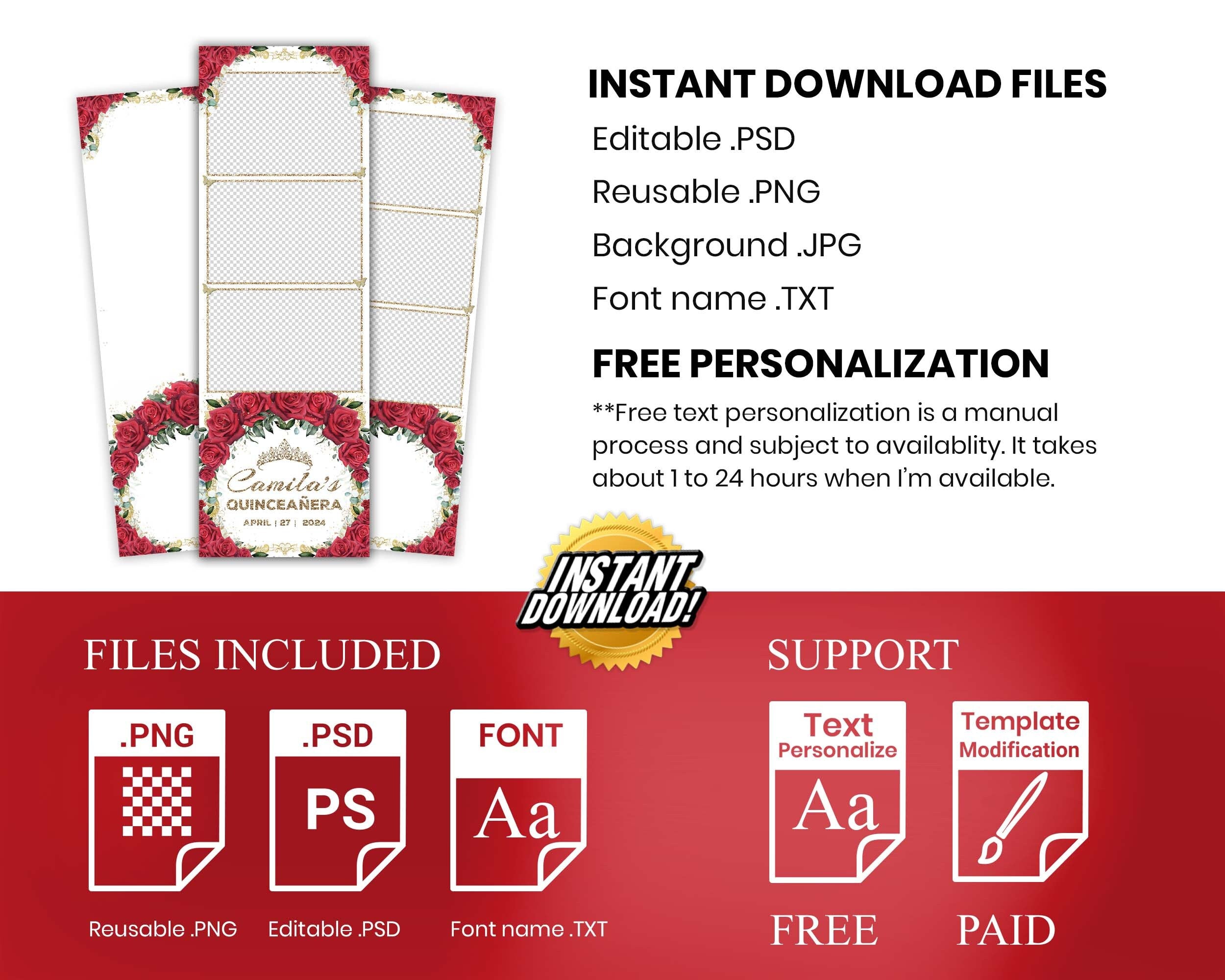 Quinceañera Photobooth Template 2x6 Strip Sweet 16 Birthday Red Flower Photo Booth Birthday Mirror Salsa Darkroom 1103