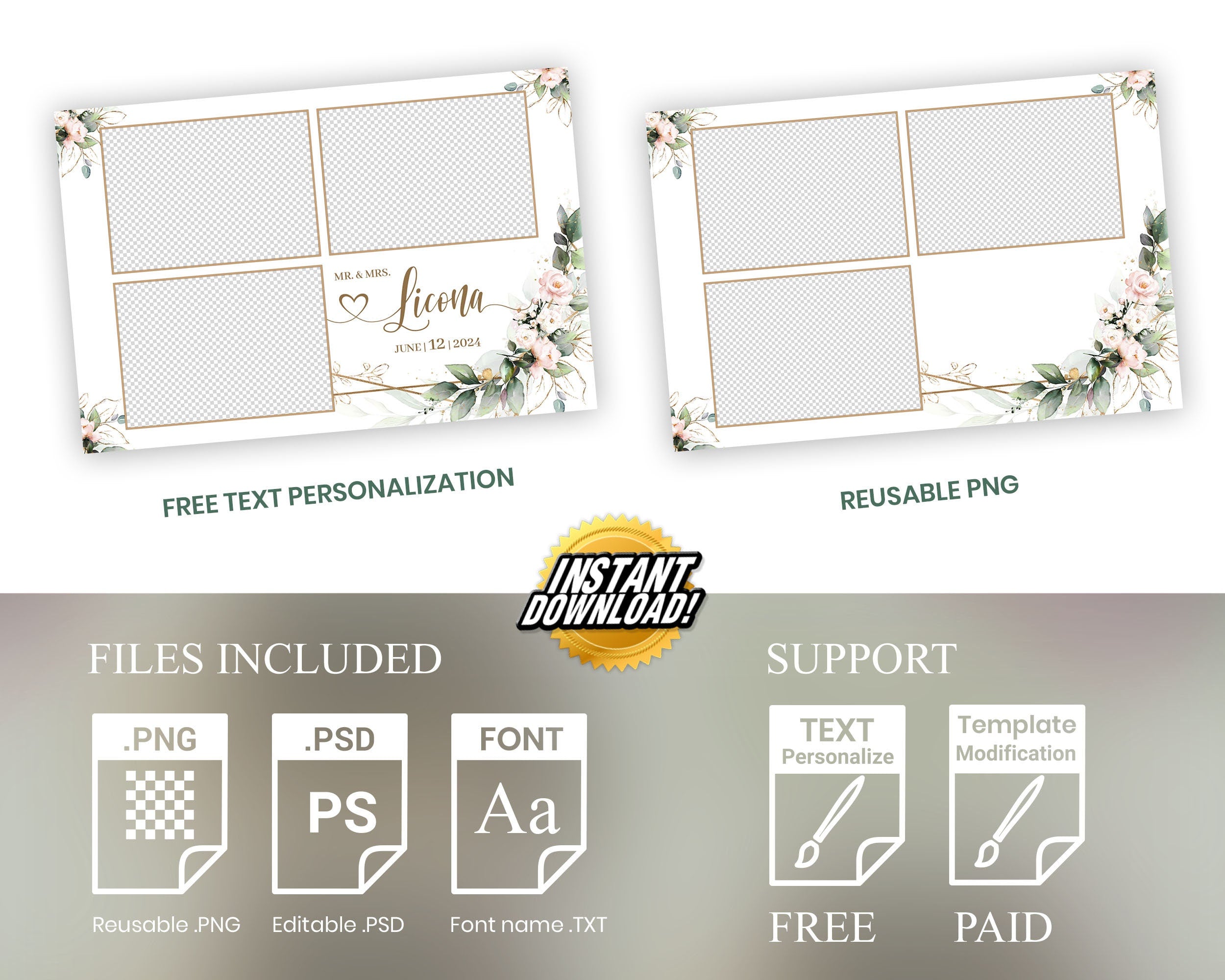 Wedding Photobooth template 4x6 with Floral blush pink flowers and greenery with gold triple photo Anniversary photo booth template TB683