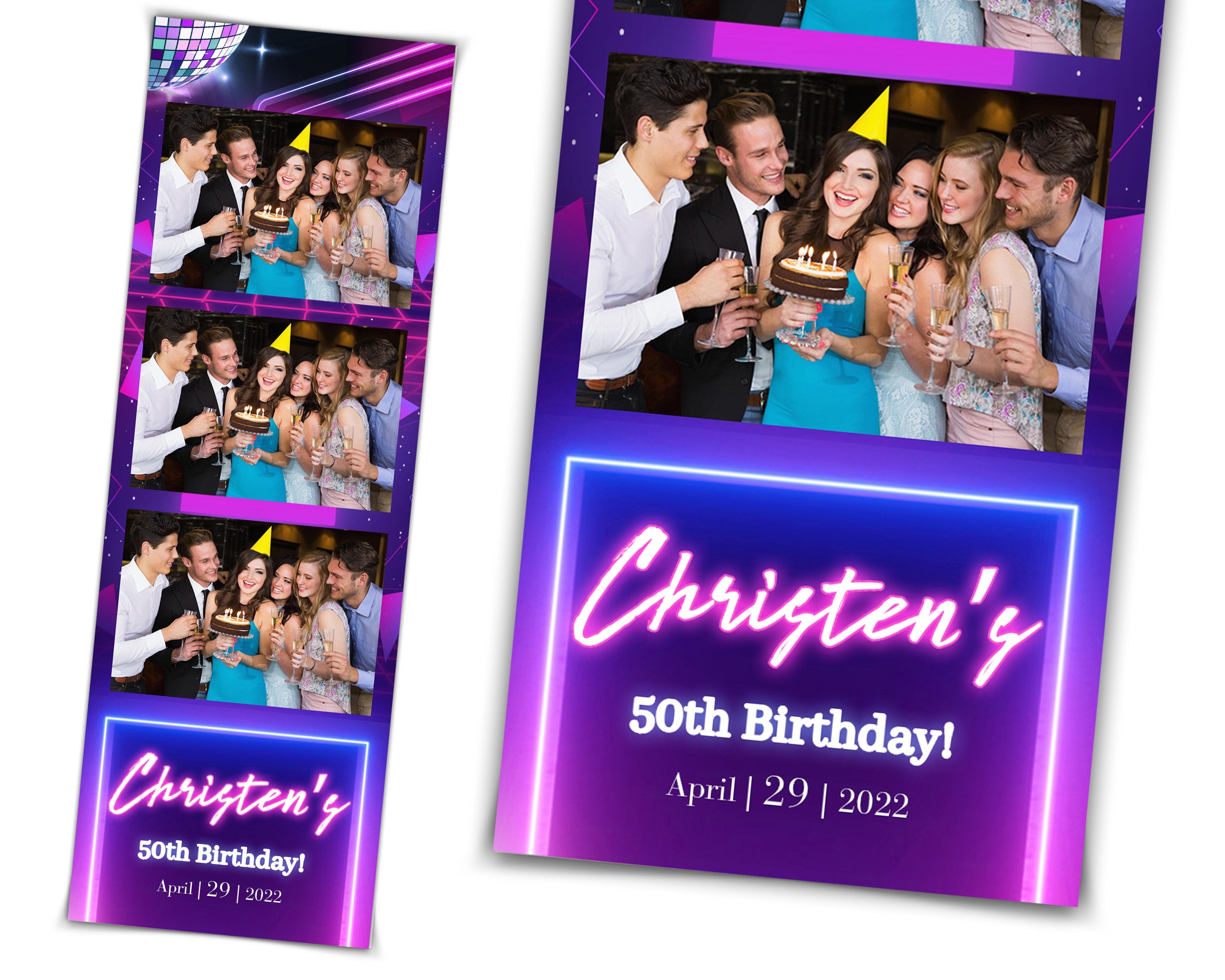 Neon Photobooth Template for Birthday & Disco lighting Photo booth Template, 2x6 Strip Birthday or Light the Night Prom Party Purple blue