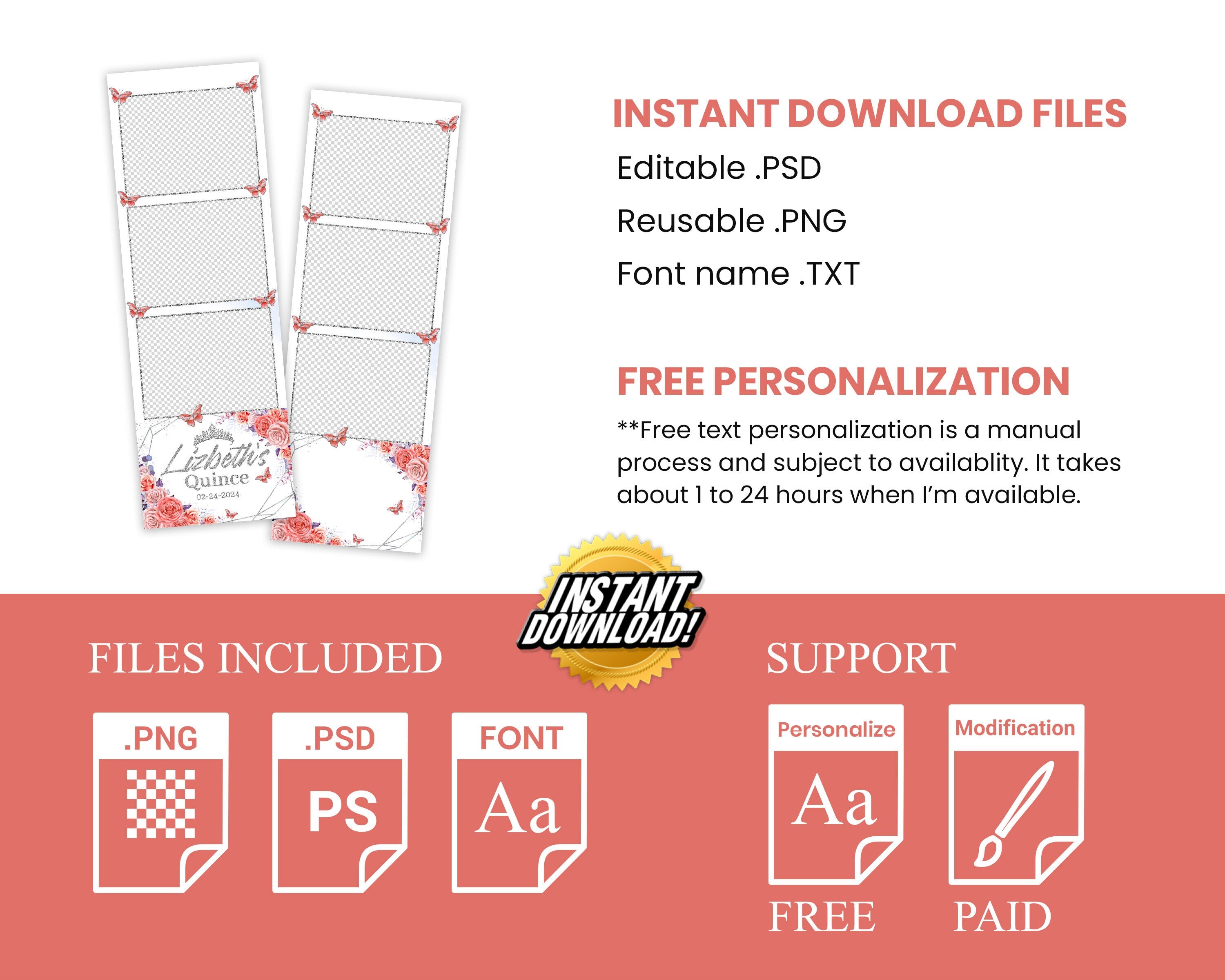 Birthday Sweet Sixteen Photobooth Template in Red Silver Sweet 16, Quinceanera, Wedding Photo Booth Template 2x6 XV