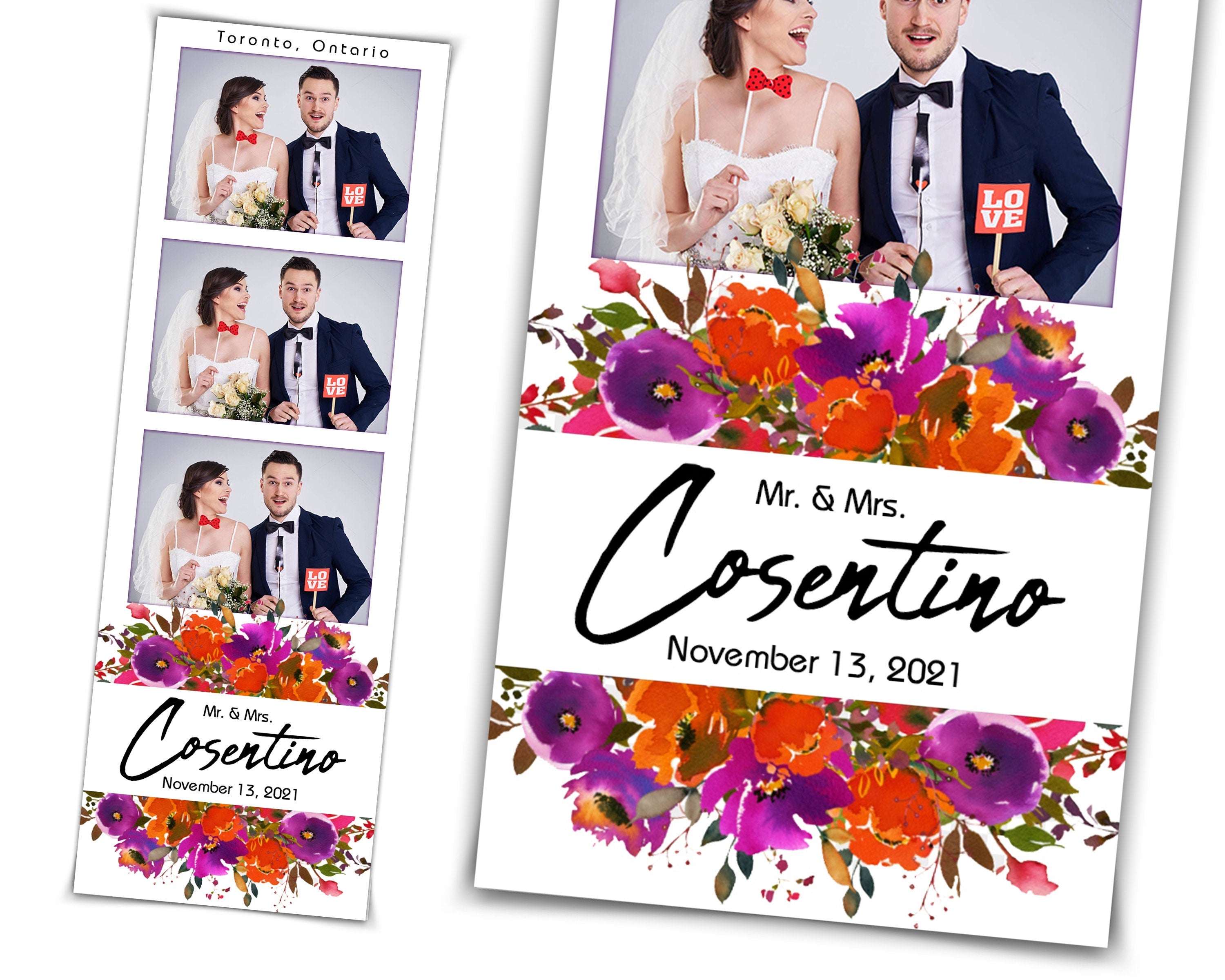 Custom Design Anniversary Photo Booth Template 2x6, Wedding Orange Purple Flower Floral  Photobooth Template with Font Name