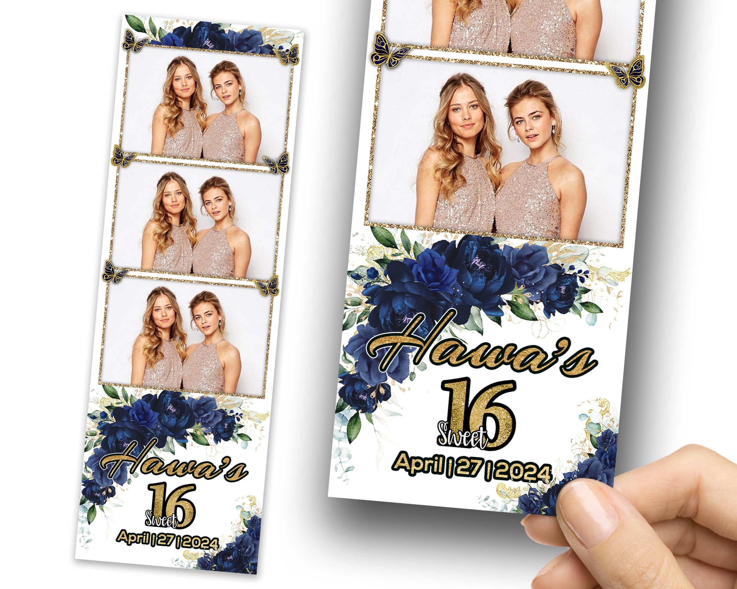 Sweet 16 Photobooth Template, Quinceanera Photo Booth, Birthday Photobooth, Quinceañera, Royal Blue Flower, Floral, Butterfly 1110