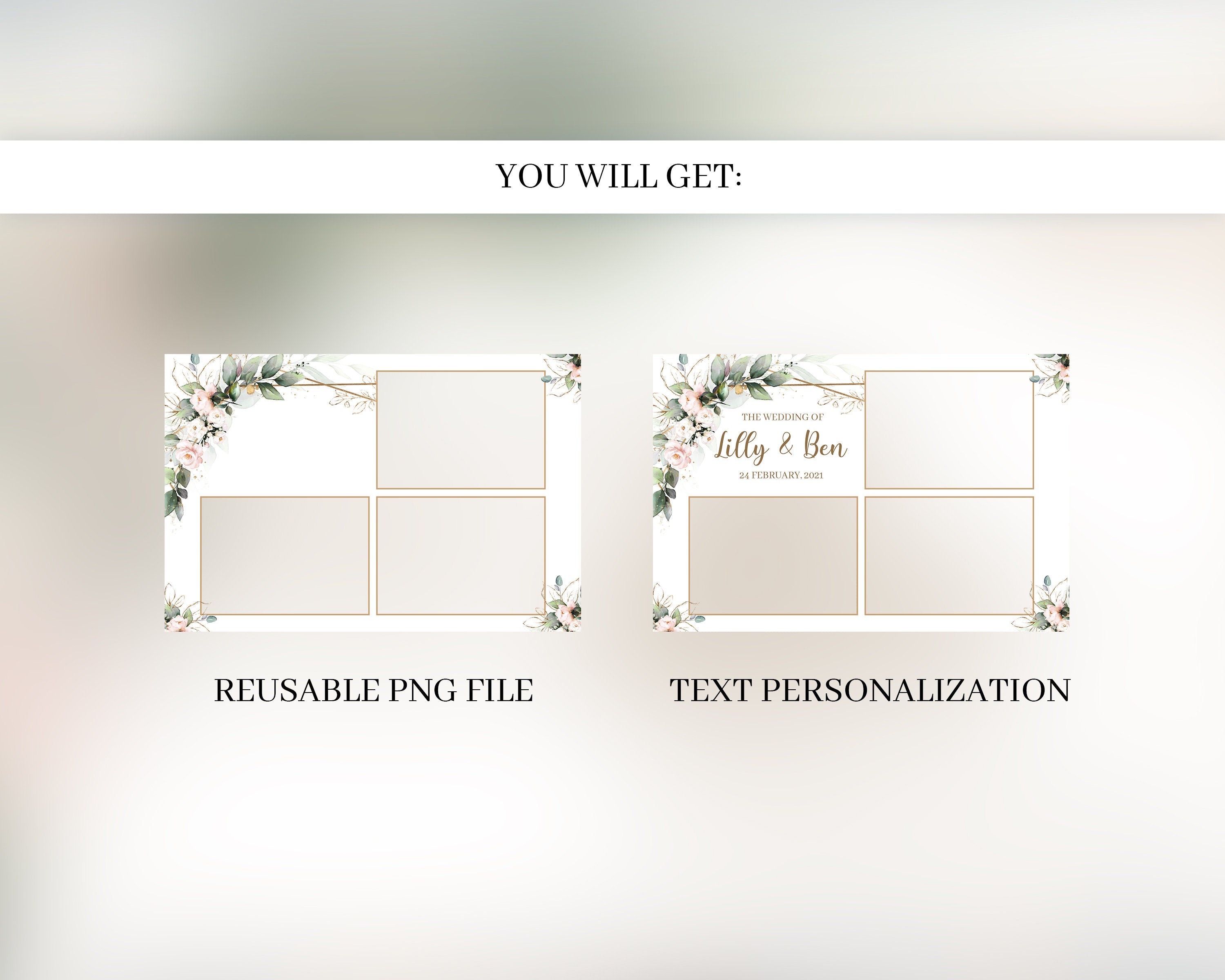 Wedding bridal shower photobooth template floral greenery blush pink 4x6 postcard layout photo booth template