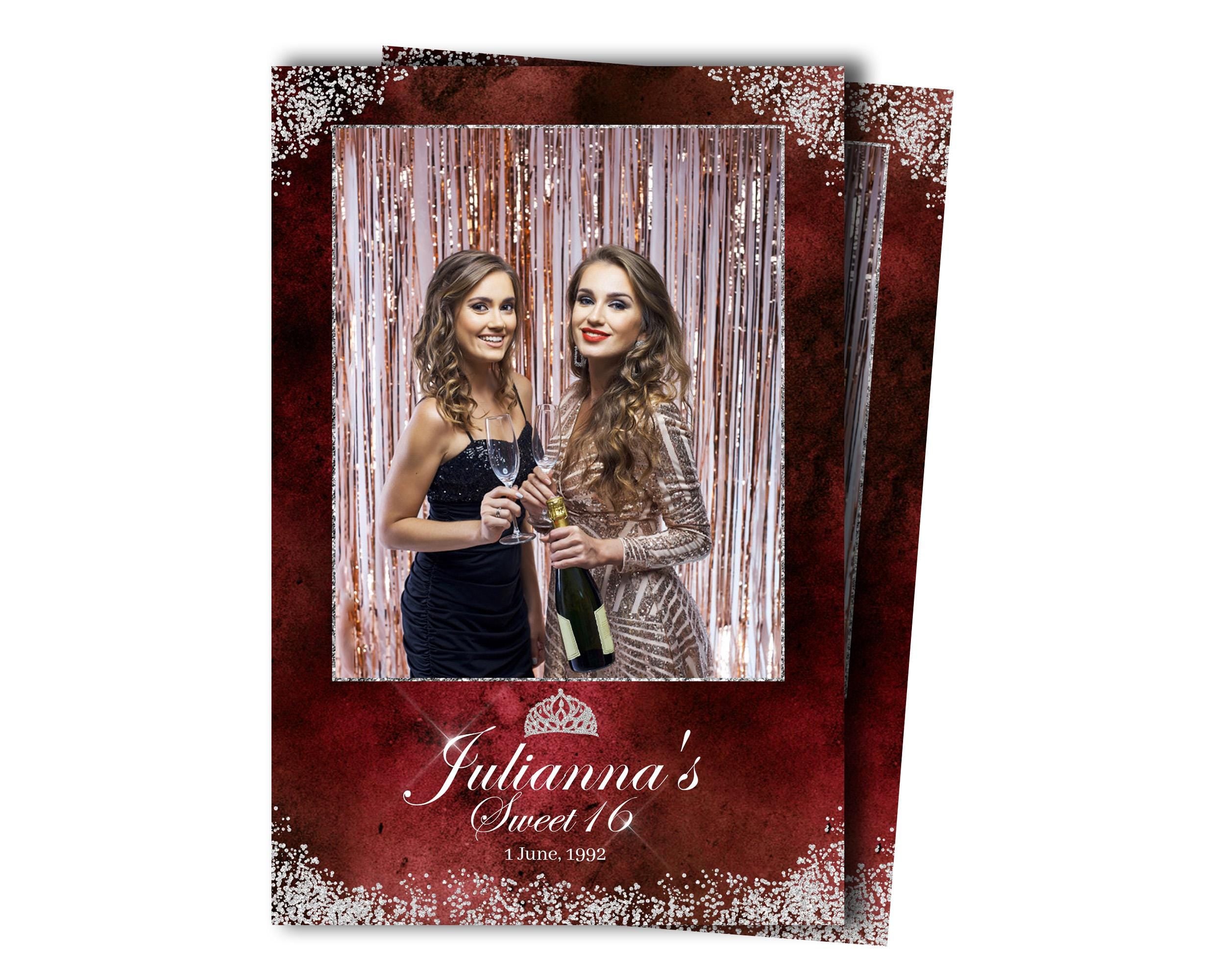 Birthday Photobooth Template Sweet 16 Quinceañera maroon burgundy color with silver glitters and crown 4x6 portrait photo mis quince S2