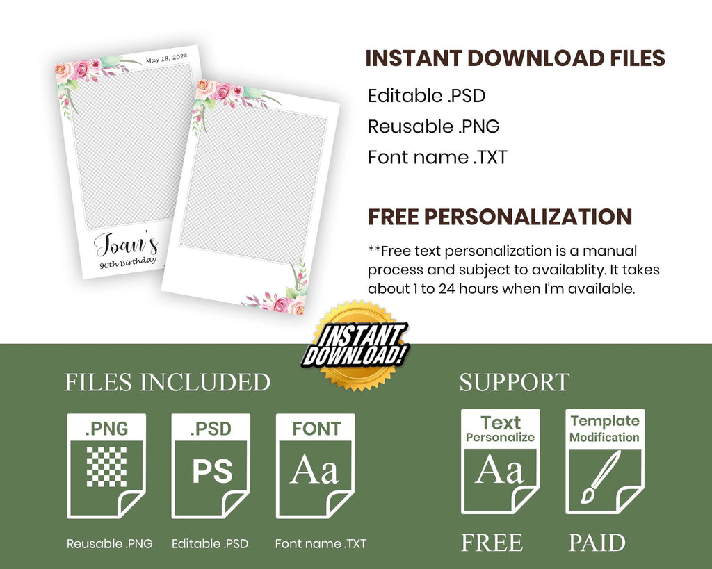 Birthday Wedding Anniversary Photo Booth Template Floral Photobooth Template Sweet 16 Bridal Shower 203