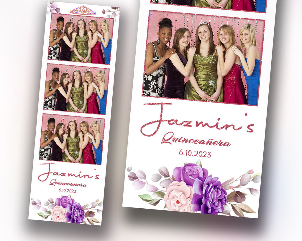 Birthday Purple Floral Quinceañera Photobooth template 2x6 strip sweet sixteen 16 birthday purple photo booth template
