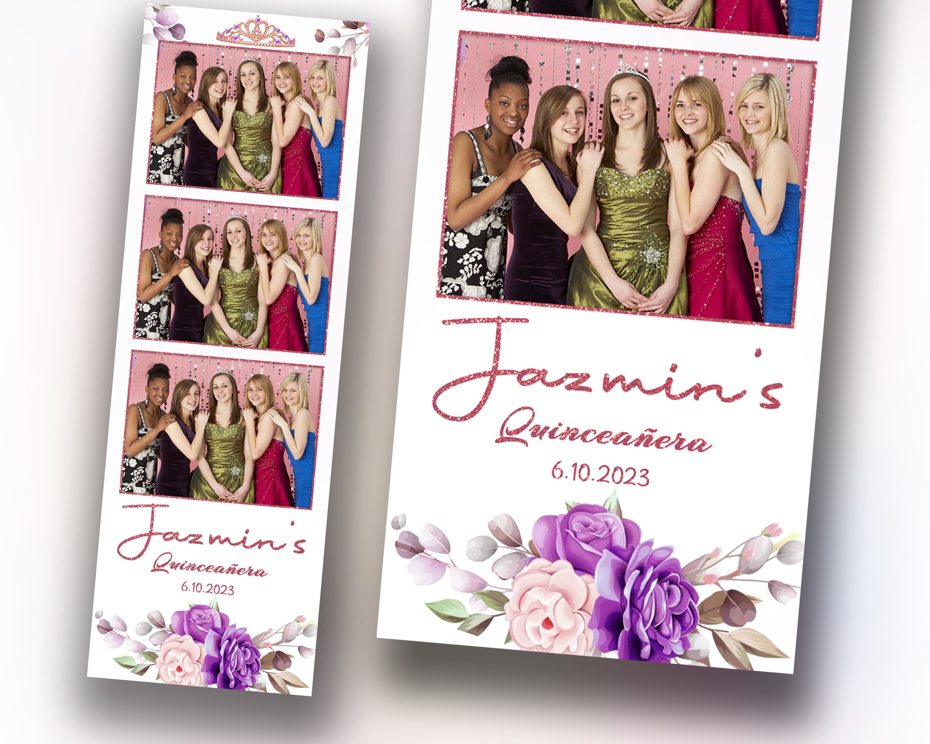 Birthday Purple Floral Quinceañera Photobooth template 2x6 strip sweet sixteen 16 birthday purple photo booth template