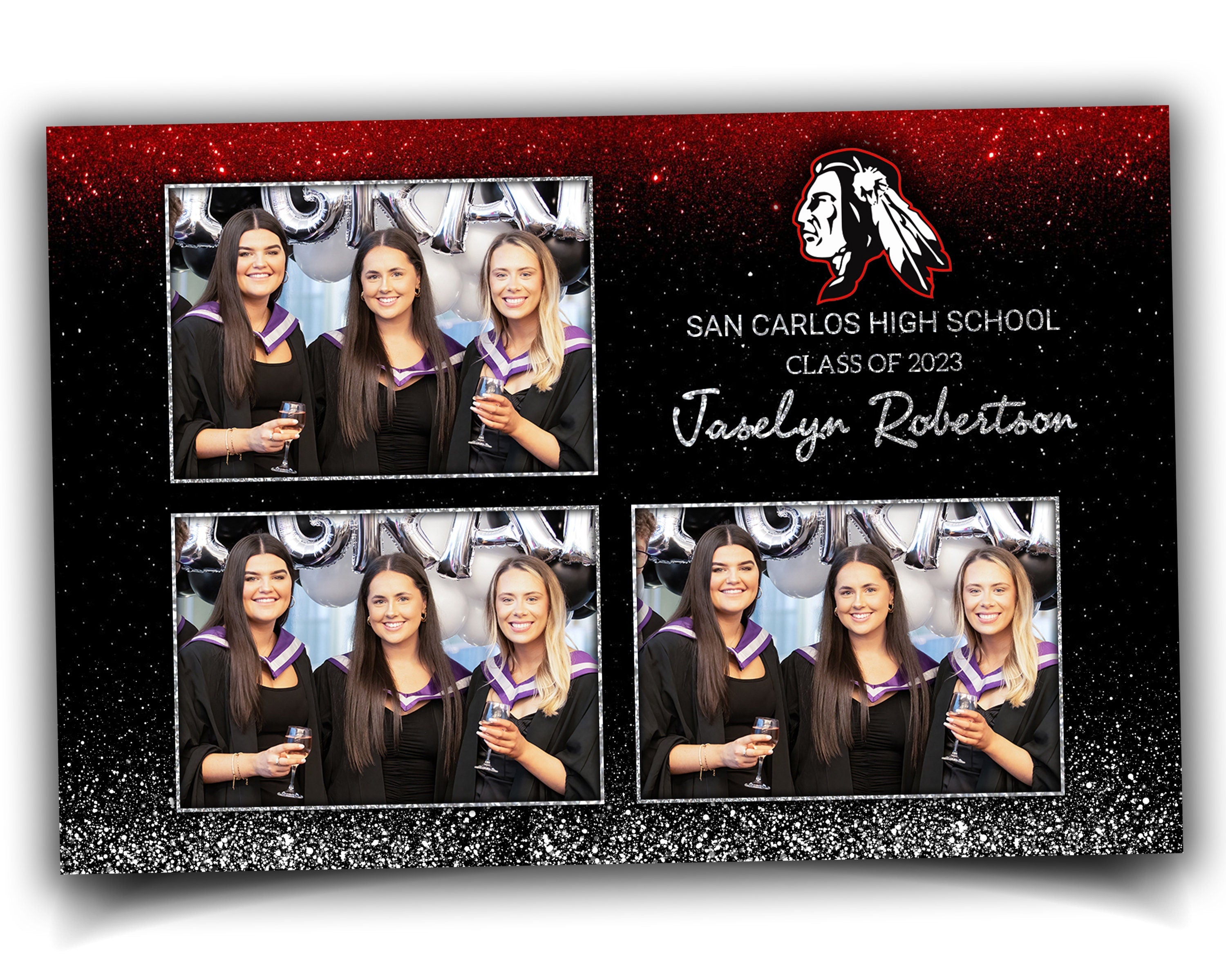 Graduation Celebration Party Photobooth Template Class of 2023 Silver Glitter Black Red Prom photo booth template Grad