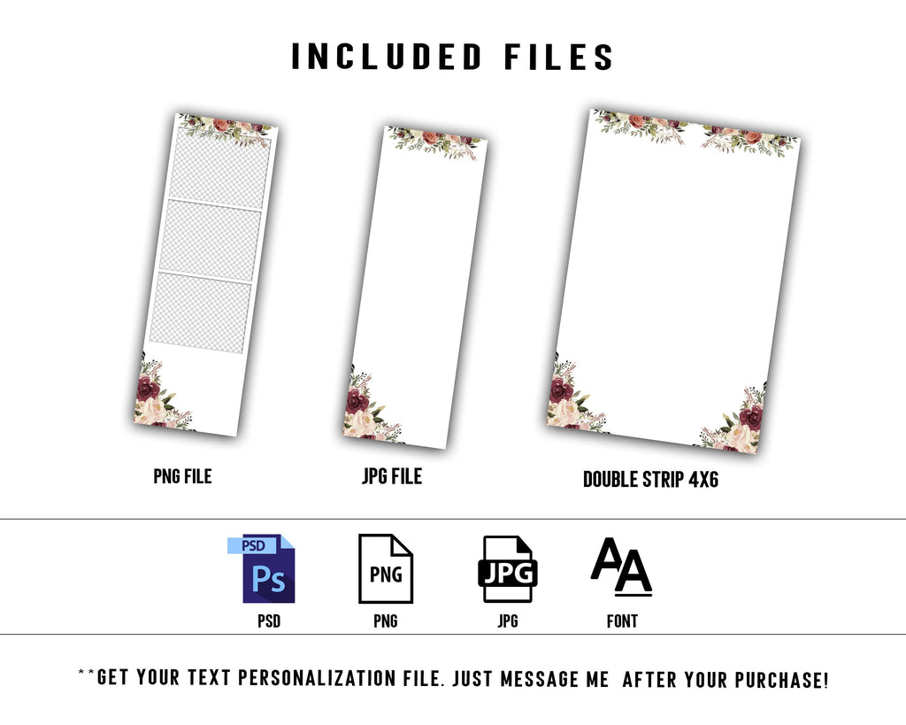 Wedding Photobooth Template, Floral Photobooth Template, 2x6 Wedding Photo booth Template, Sweet 16, Bridal Shower, with font link