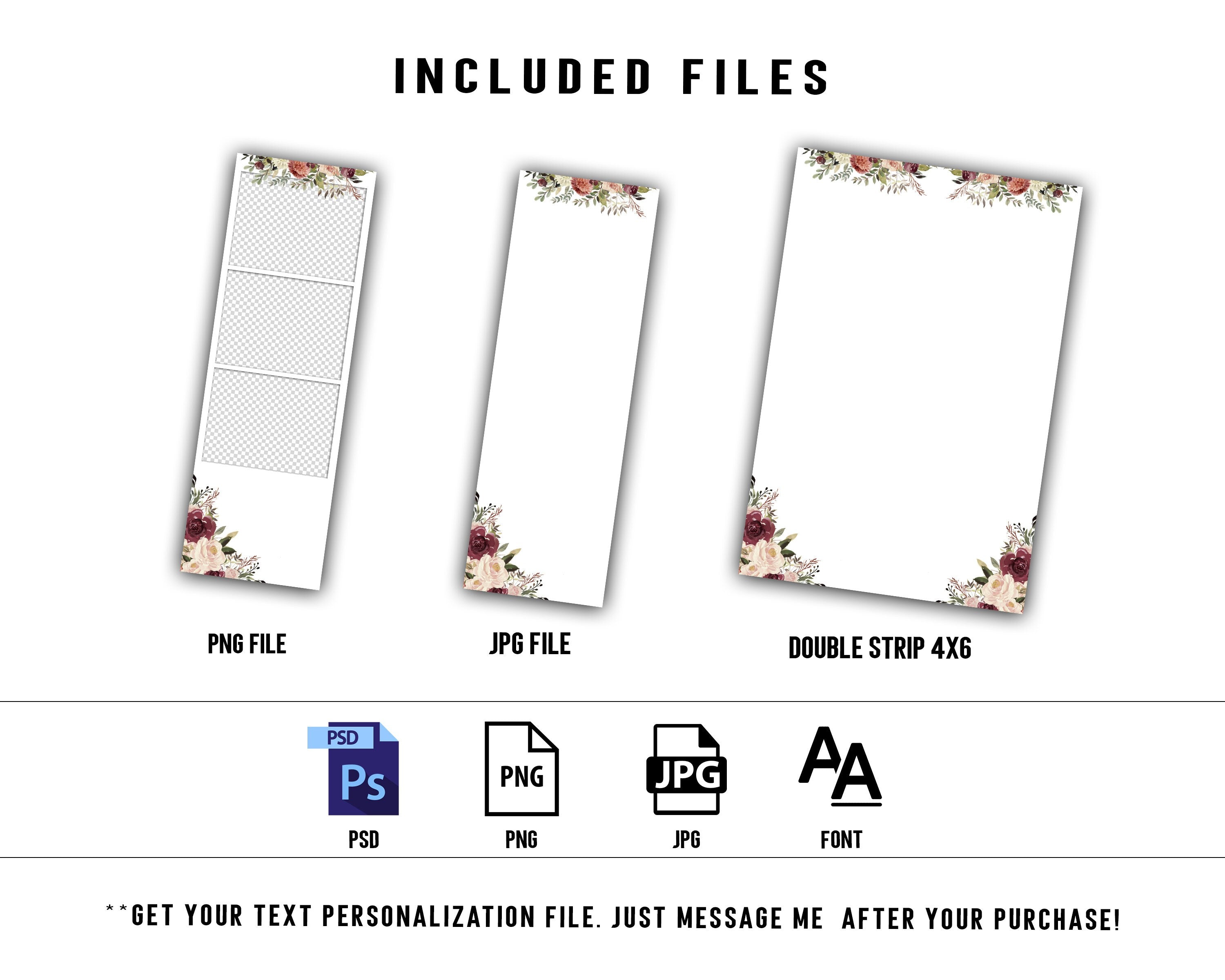 Wedding Photobooth Template, Floral Photobooth Template, 2x6 Wedding Photo booth Template, Sweet 16, Bridal Shower, with font link