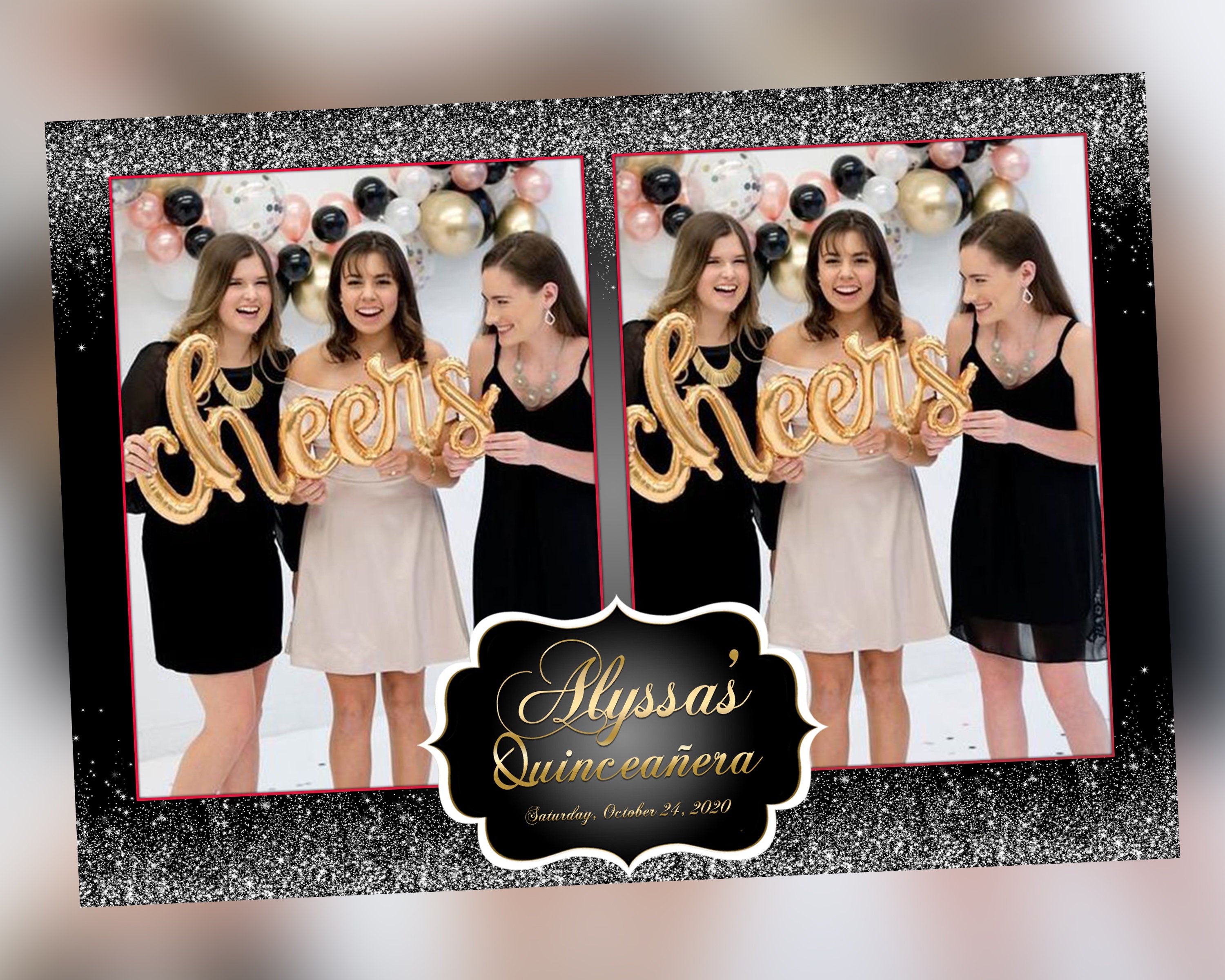 Birthday party black white glitter photobooth Template bridal wedding anniversary 5x7 photo booth template png psd xbdr NYC