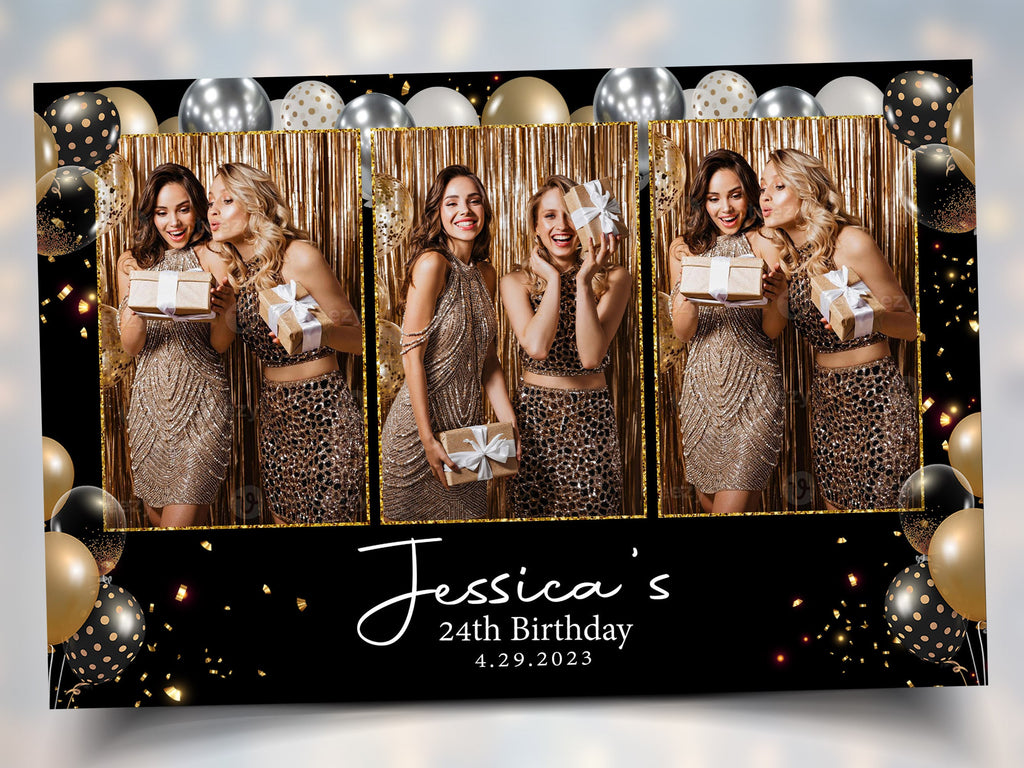 Birthday Photobooth Template Black Gold and Silver balloons 4x6 Landscape Mirror Booth portrait 3 photo Sweet 16 Photo Booth Template BM2