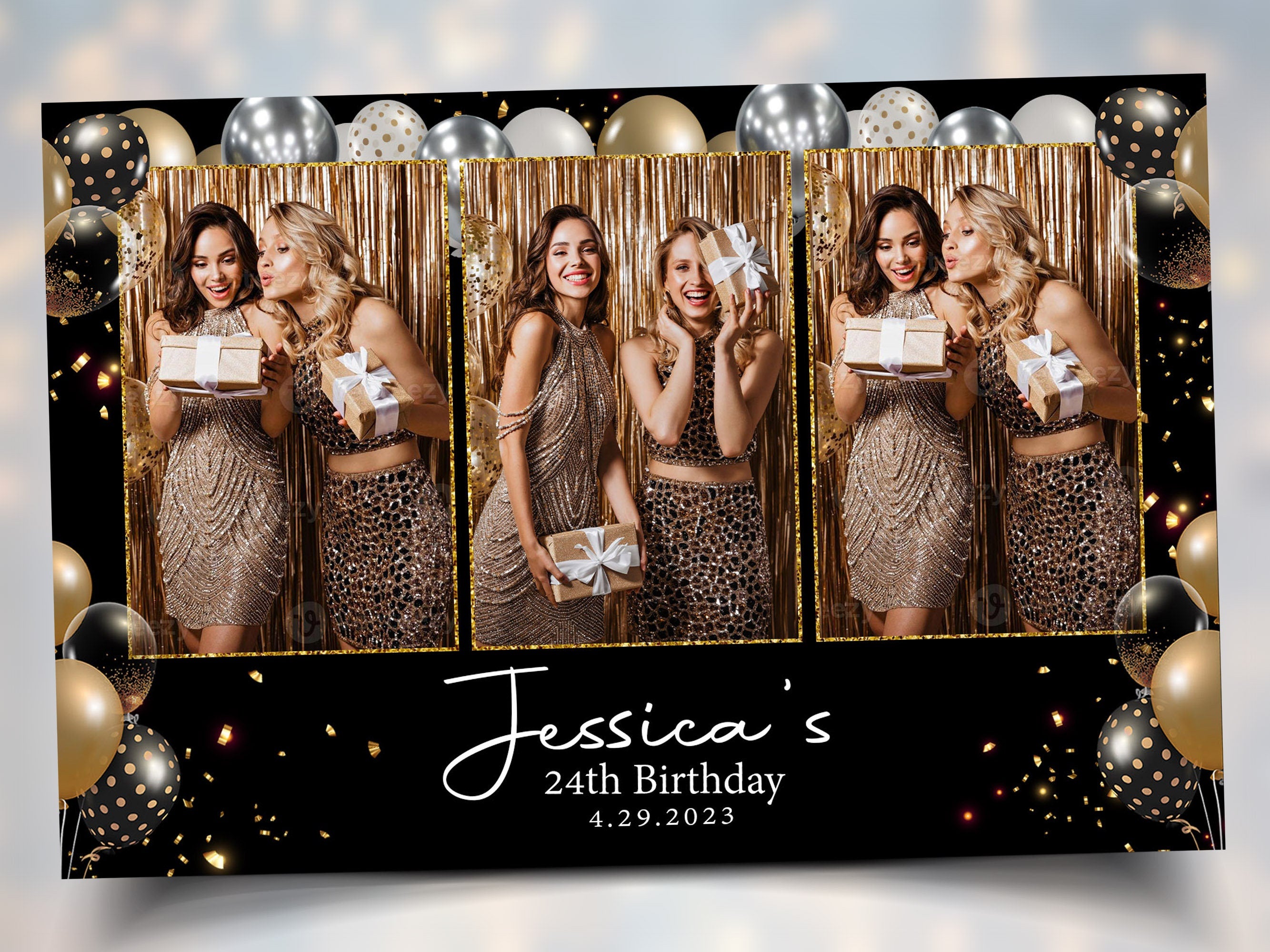 Birthday Photobooth Template Black Gold and Silver balloons 4x6 Landscape Mirror Booth portrait 3 photo Sweet 16 Photo Booth Template BM2