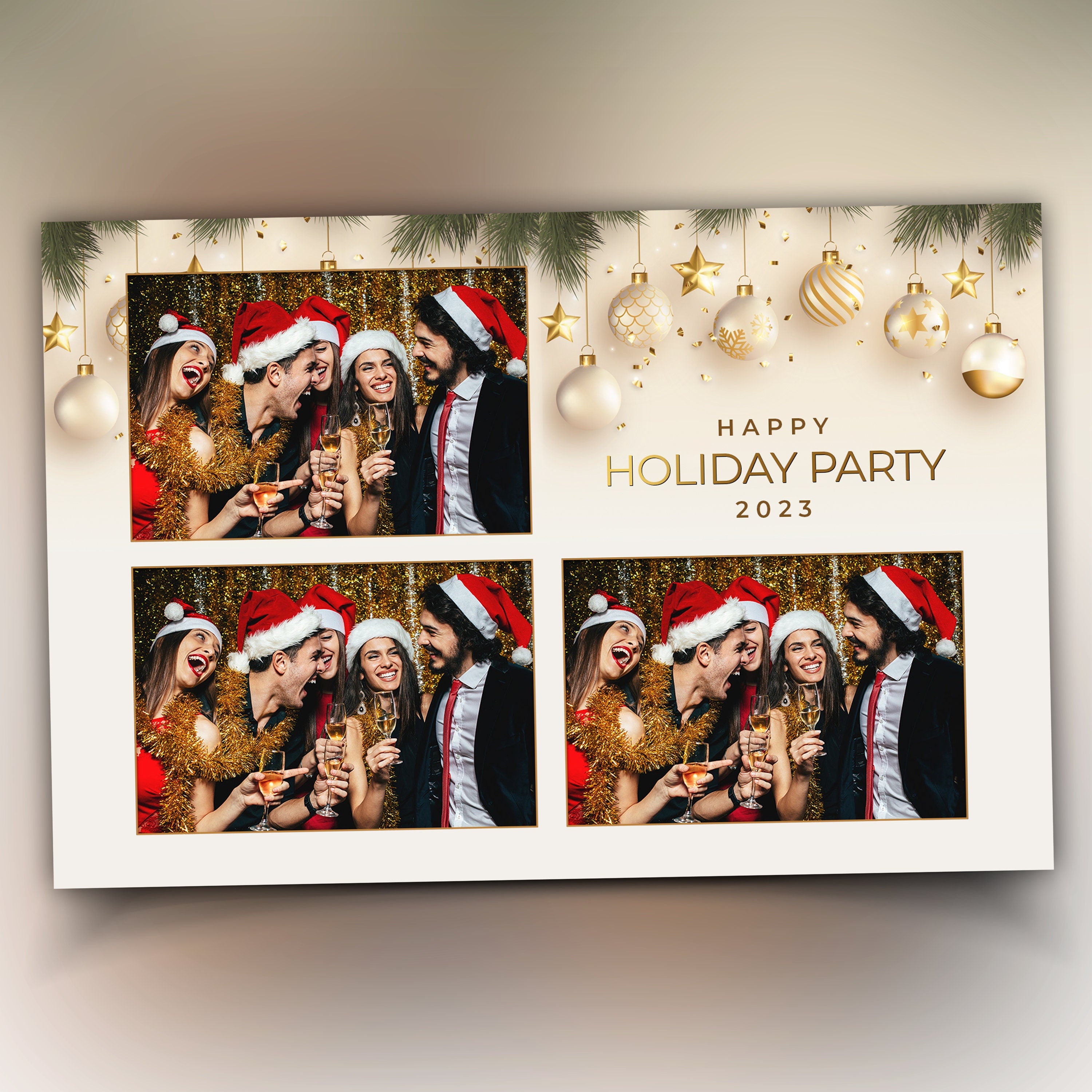 Christmas Photobooth Template, 2023 Happy Holiday Party Merry Christmas Gold and Green New Year 2024 4x6 Xmas Photo booth Template CM2