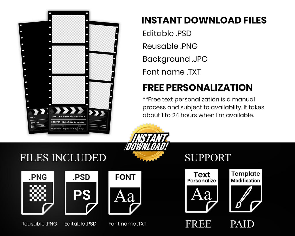 Hollywood Glamour Clap Boards Photobooth Template, Birthday Party Photo Booth, Bday Cinema Movie Film, 2x6 Glam Birthday Photobooth, 167