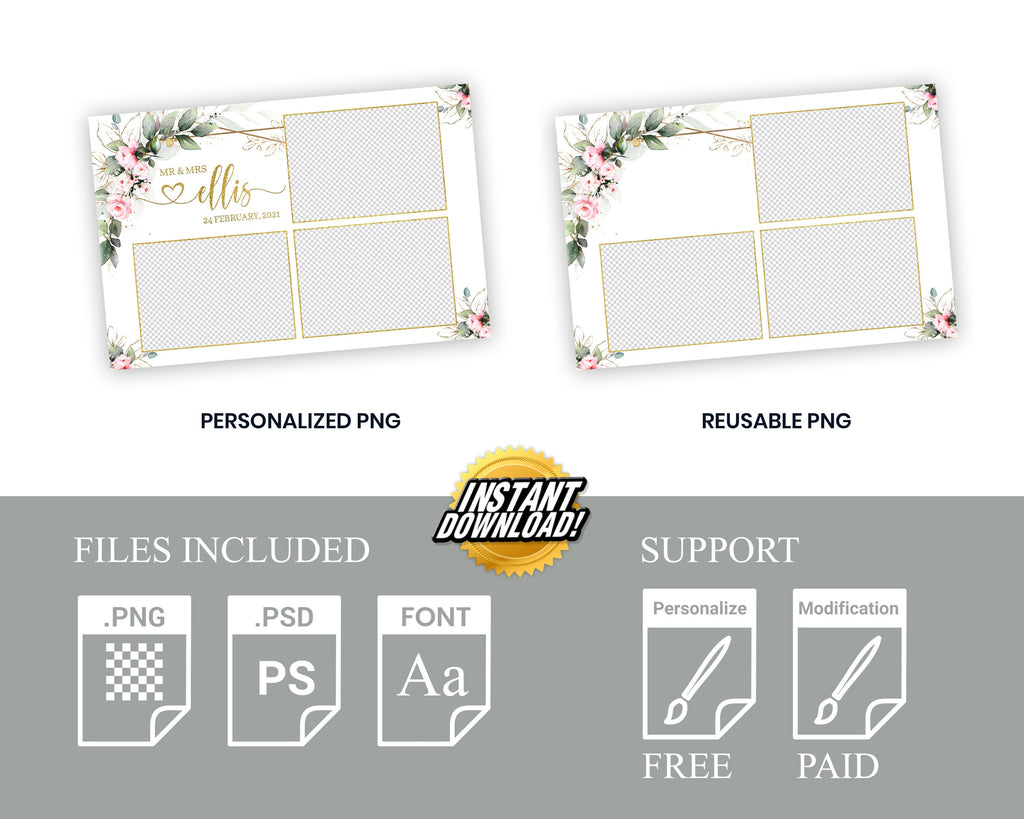 Wedding Photobooth template, Anniversary Photo Booth Template, Greenery with Pink Flowers, Bridal Shower Floral Overlay, 683