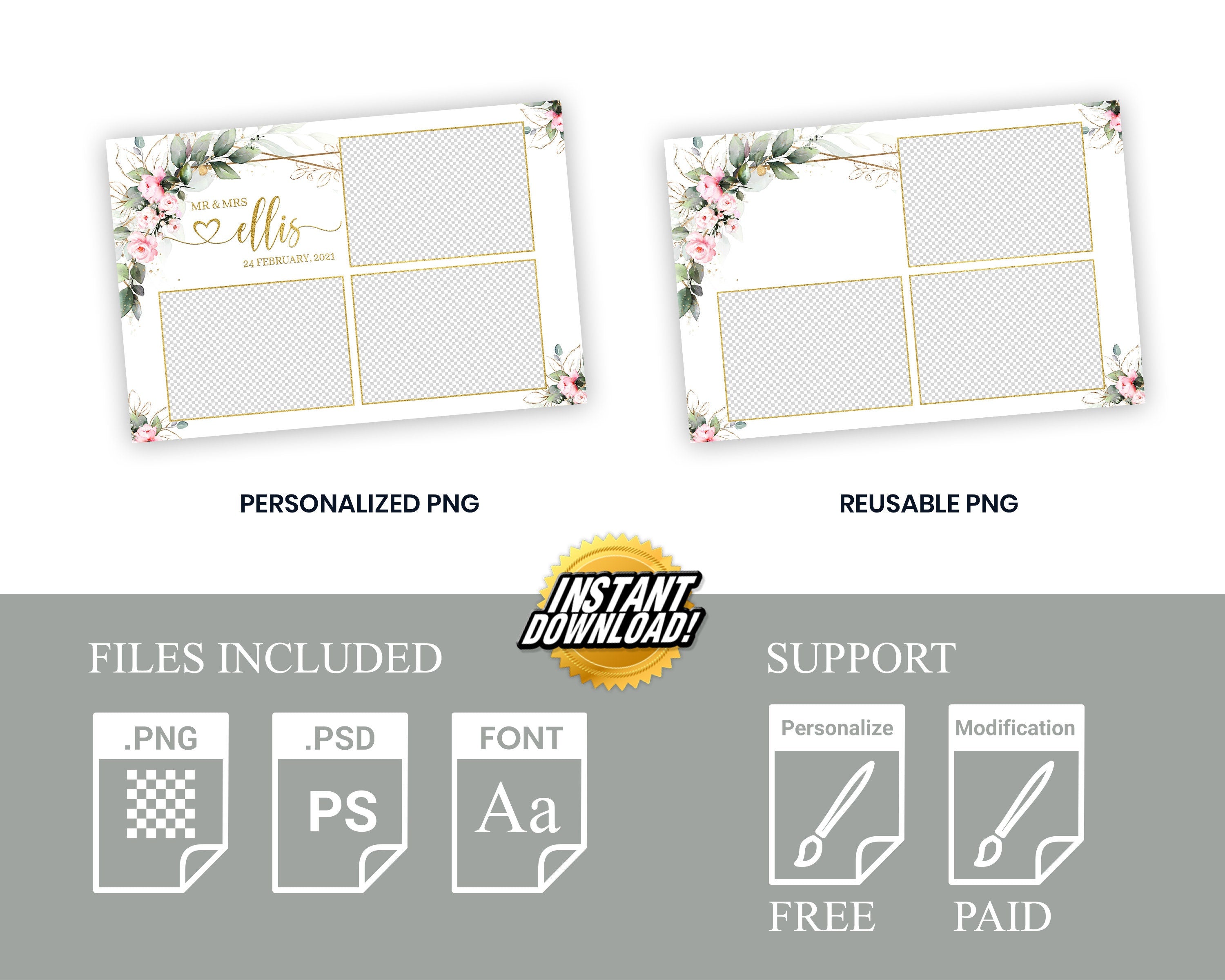 Wedding Photobooth template, Anniversary Photo Booth Template, Greenery with Pink Flowers, Bridal Shower Floral Overlay, 683