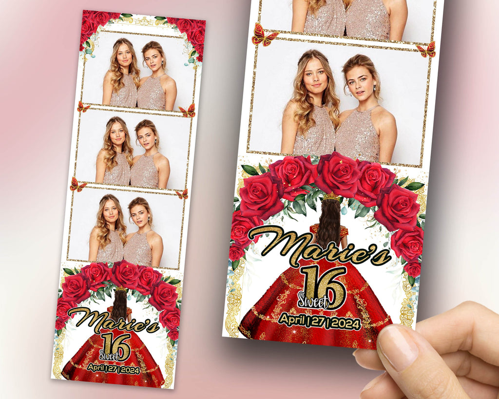 Sweet 16 Photobooth Template, Quinceanera Photo Booth, Birthday Photobooth, Quinceañera, 2x6 Strip, Red Flower, Red Floral, Butterfly 1107