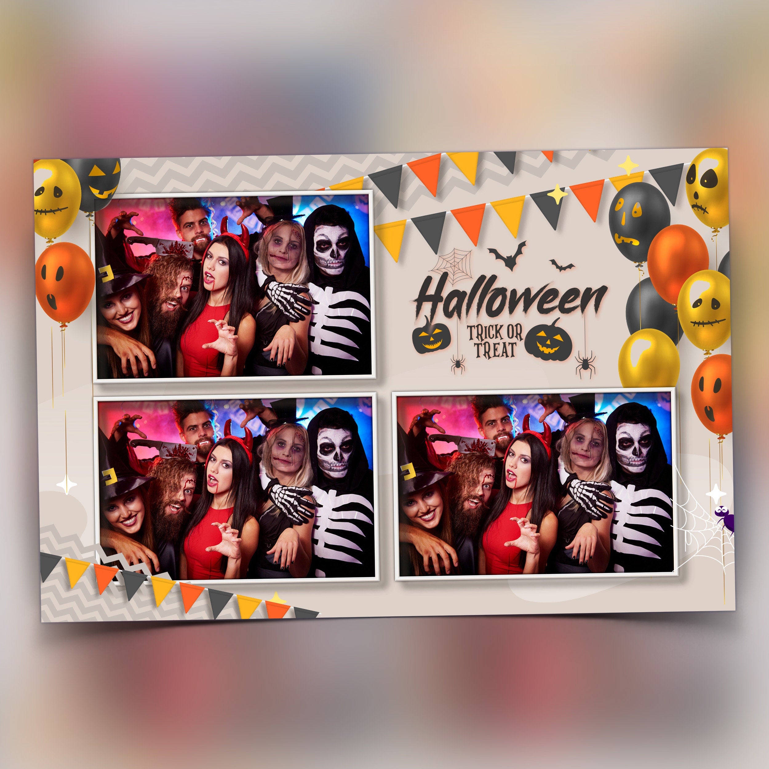 Halloween Birthday Photobooth Template 4x6 Trick or Treat Party 2024 beige color Halloween balloon Photo booth Template postcard 3 shots PSD