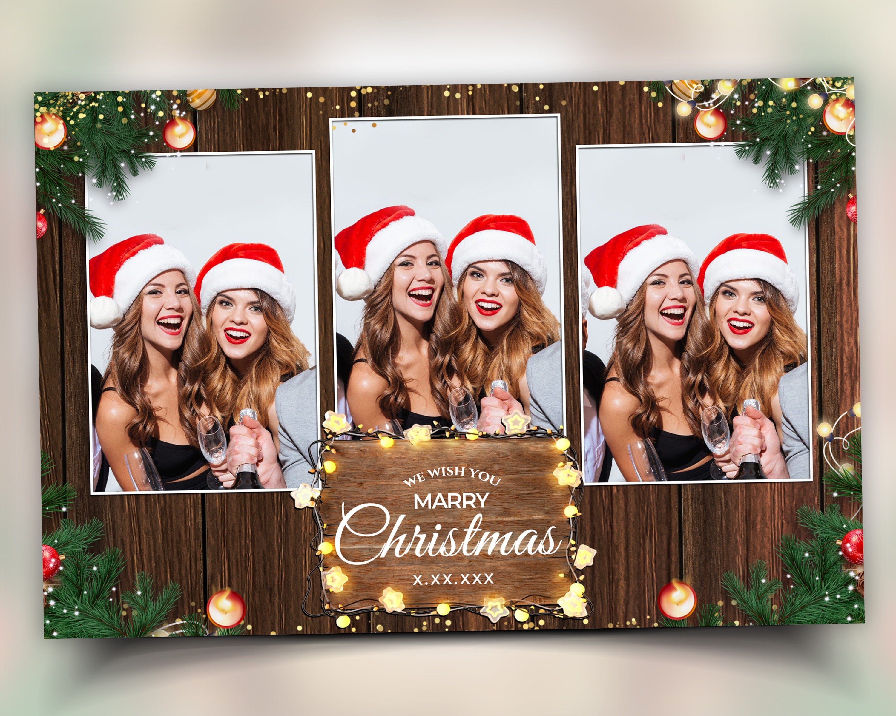 Christmas Photobooth Template 2024 Happy Holidays Wooden Greenery Lights 4x6 Landscape 3 photo portrait mirror booth booth Template CM4