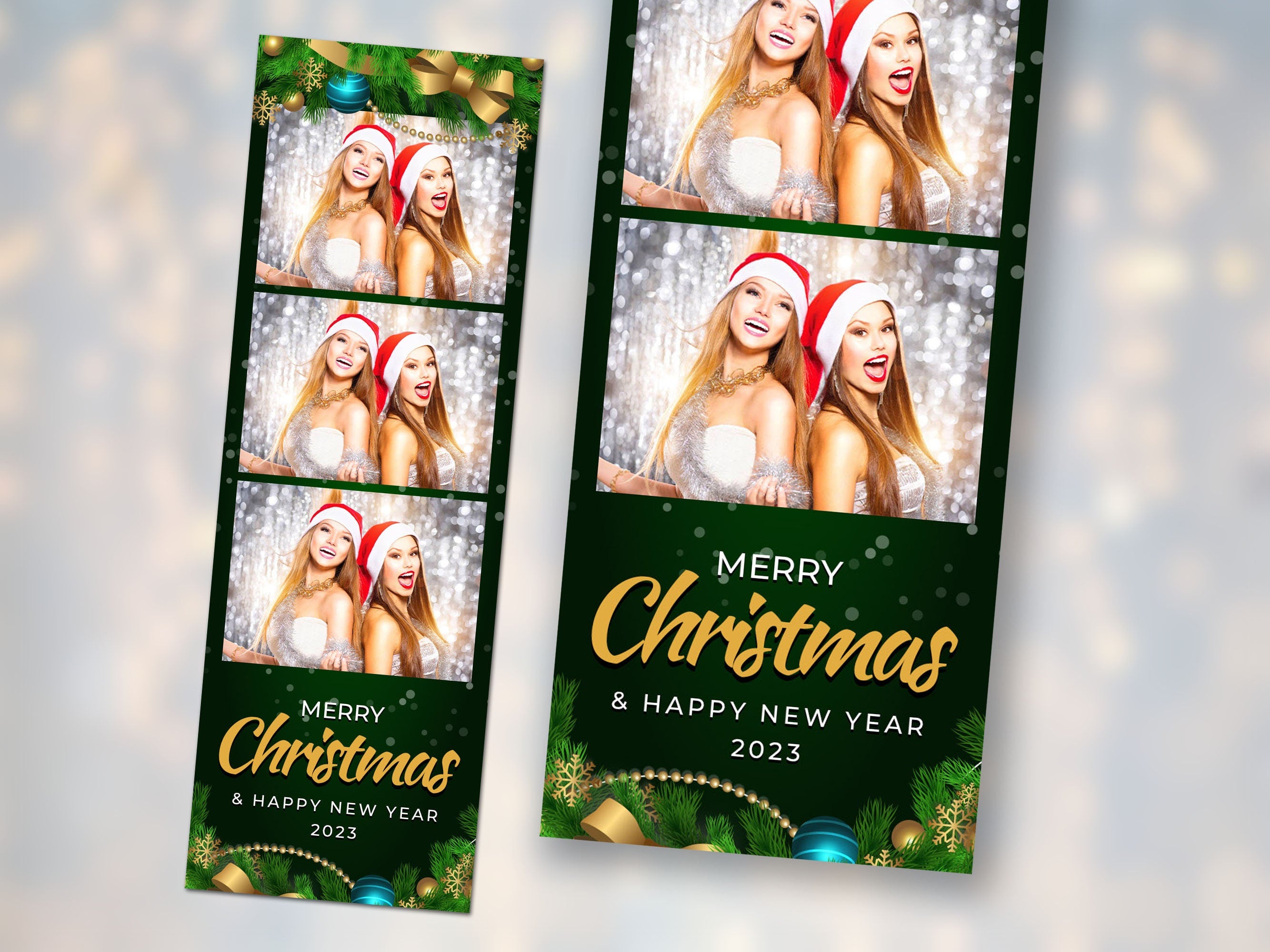 Christmas Holiday Party 2024 Photo Booth Template Green Gold Formal Corporate Party Photobooth 2x6 strip 3 photos Xmas New Year 2024 CM5