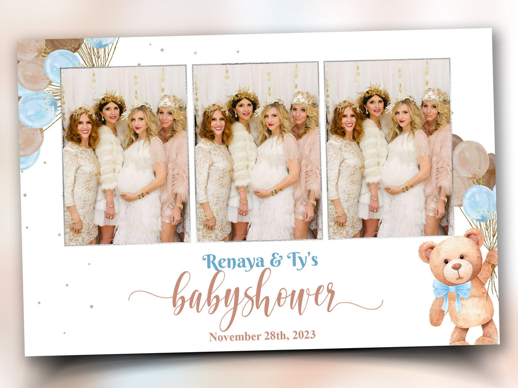 Baby Shower Photo booth Template 4x6 Teddy Bear Babyshower it's a boy sky blue brown tan balloons 1st birthday mirror booth Template PSD BS1